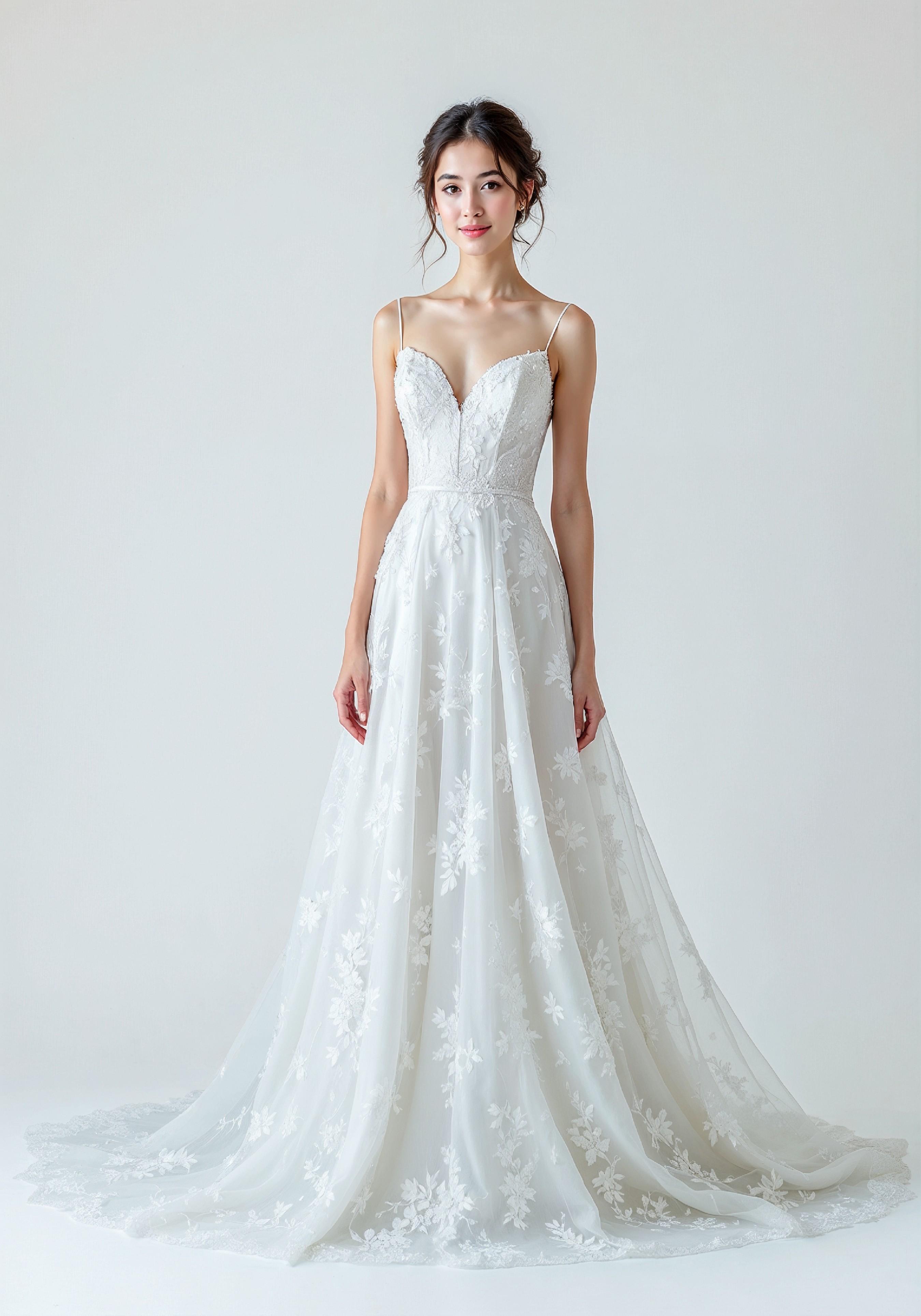 Elegant Young Bride in White Wedding Gown Posing in Studio on Light Background