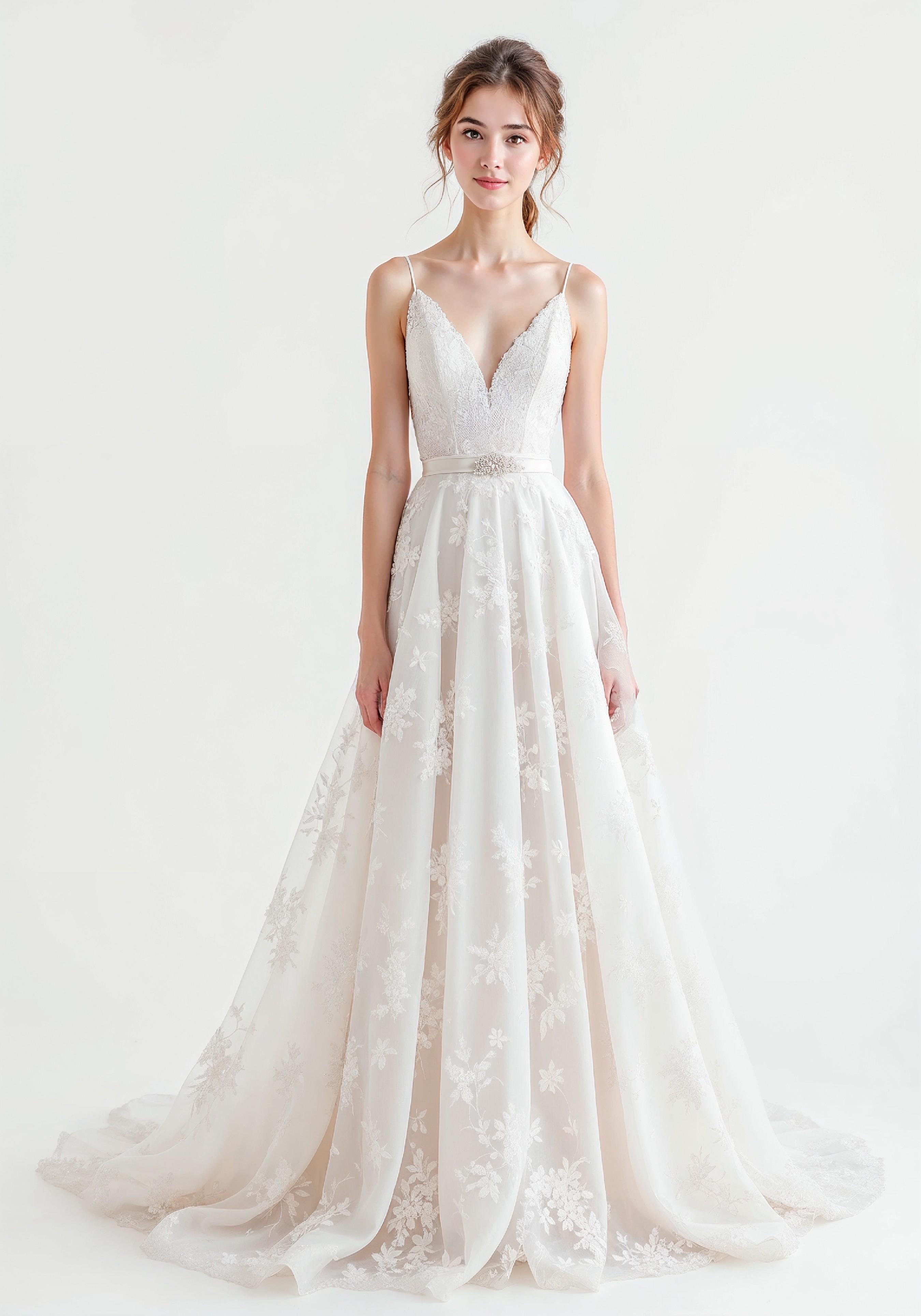Elegant Young Bride in White Wedding Gown Posing in Studio on Light Background
