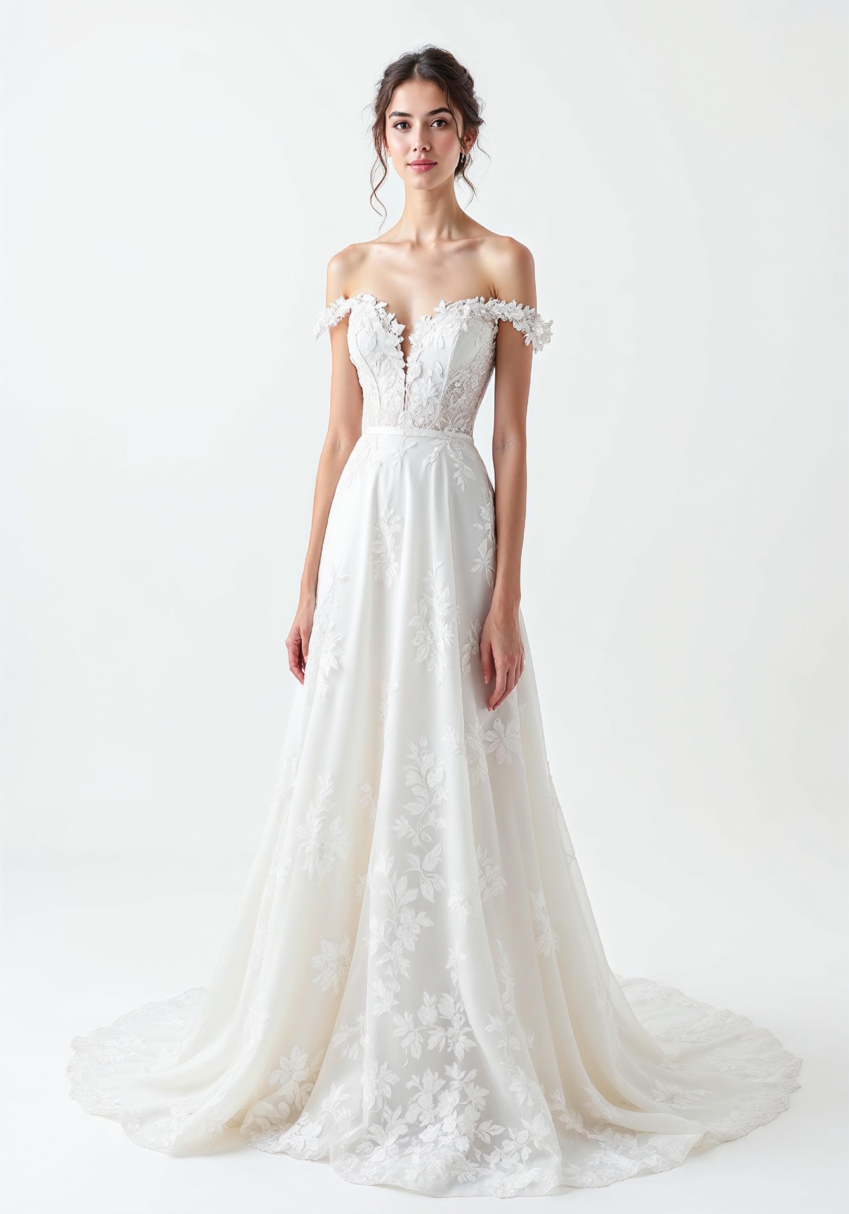 Elegant Young Bride in White Wedding Gown Posing in Studio on Light Background