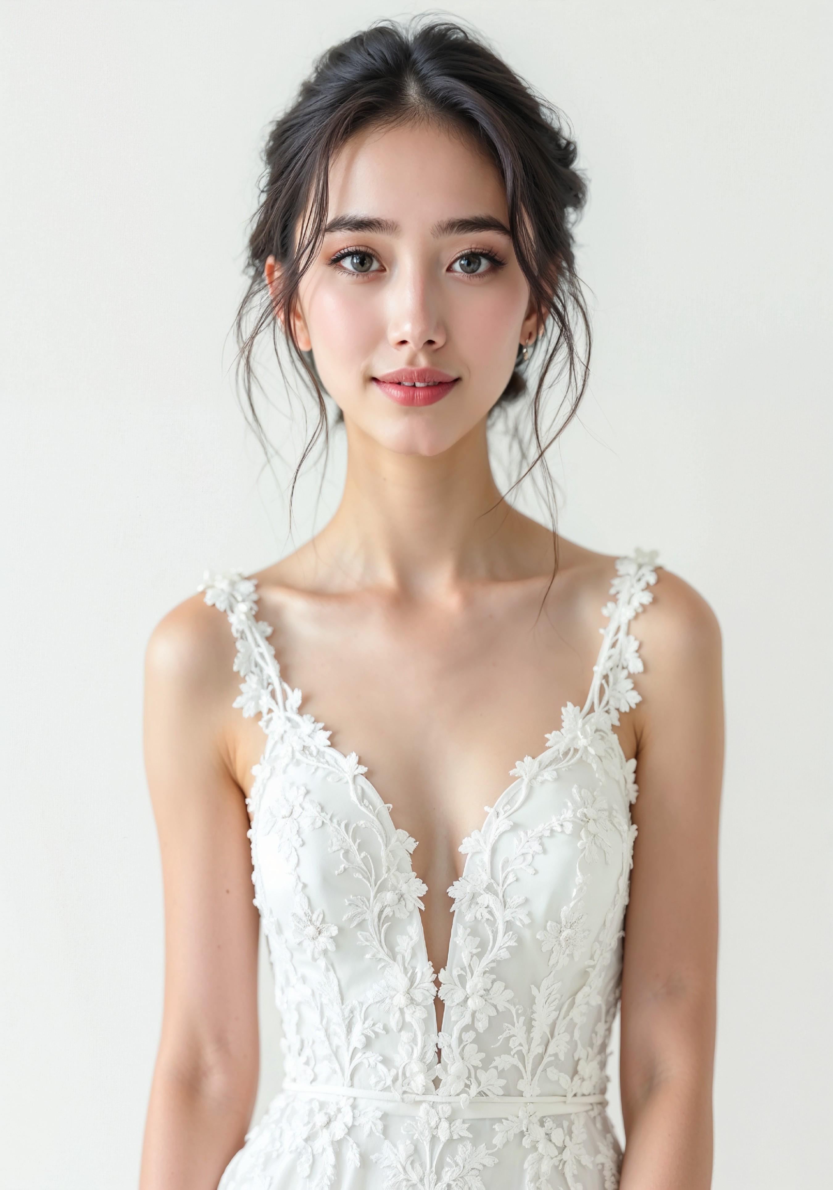 Elegant Young Bride in White Wedding Gown Posing in Studio on Light Background