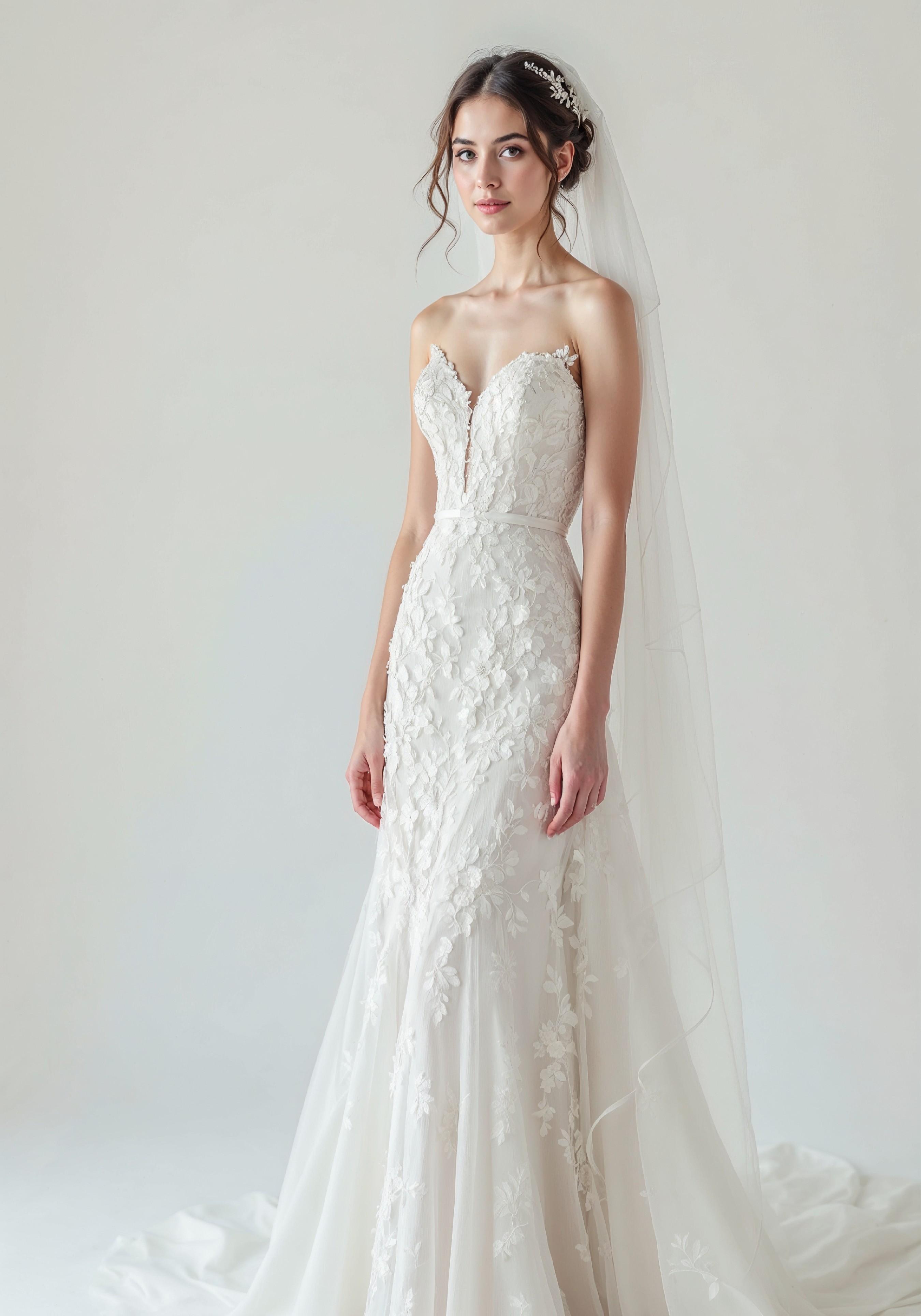 Elegant Young Bride in White Wedding Gown Posing in Studio on Light Background