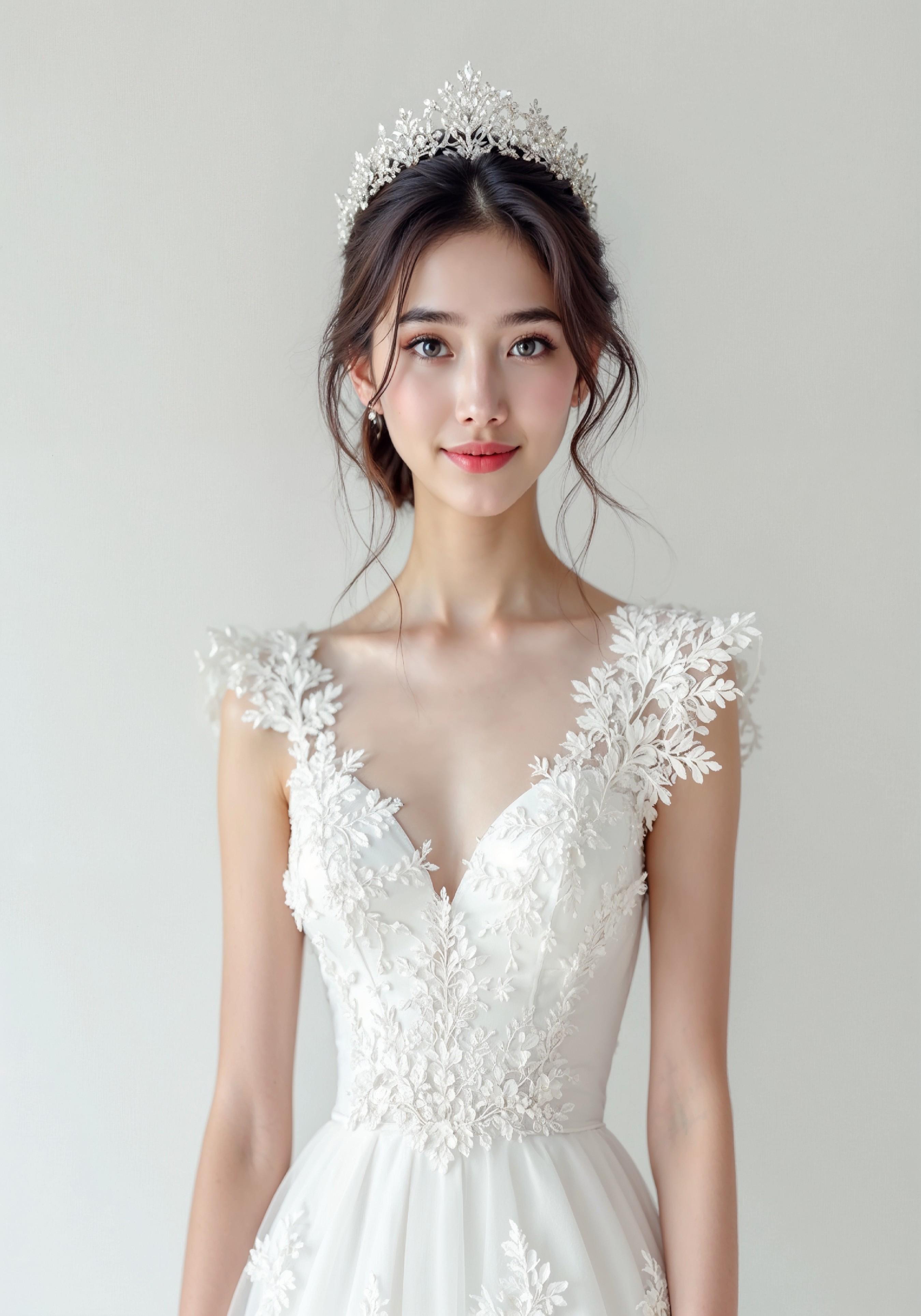 Elegant Young Bride in White Wedding Gown Posing in Studio on Light Background