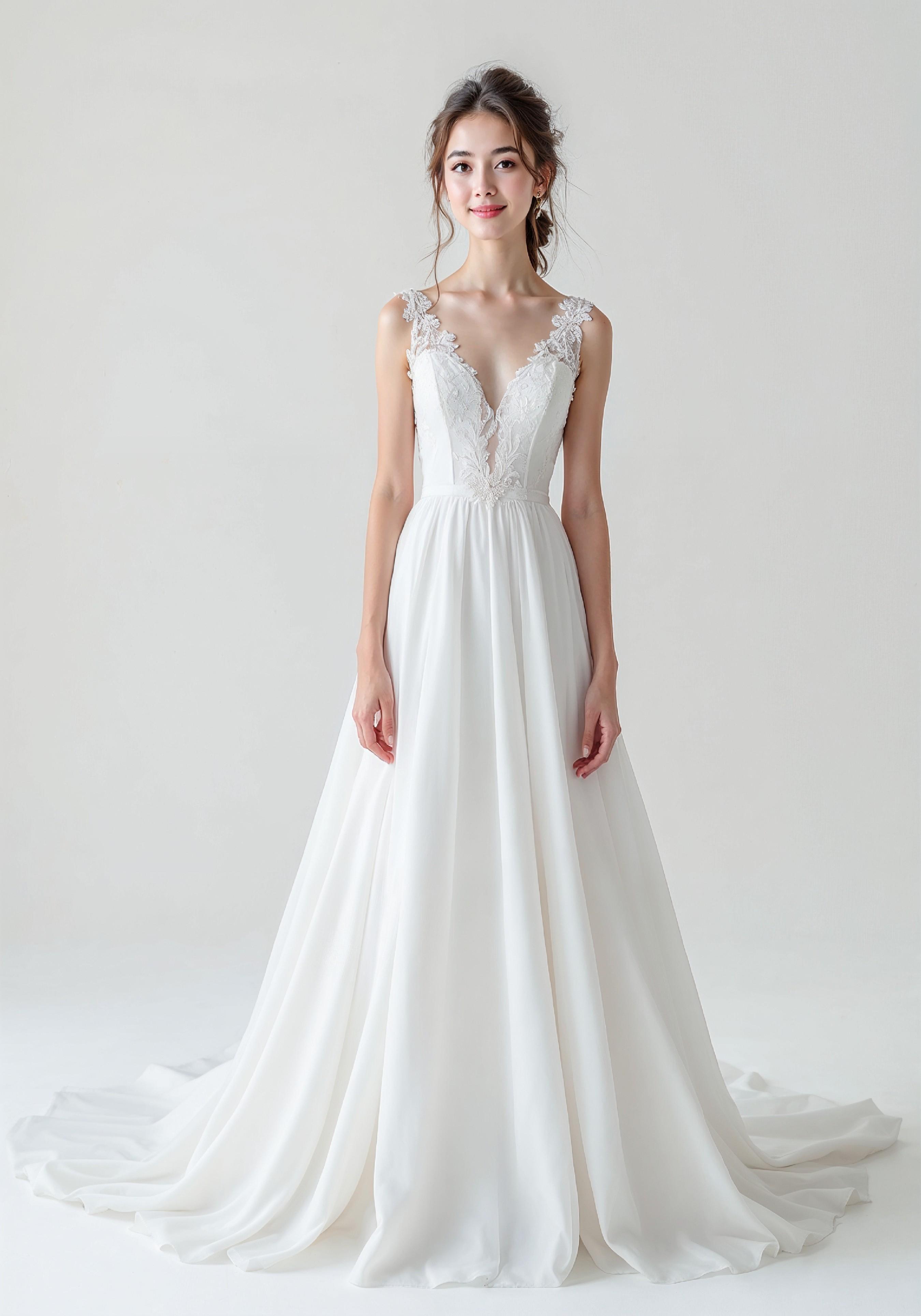Elegant Young Bride in White Wedding Gown Posing in Studio on Light Background
