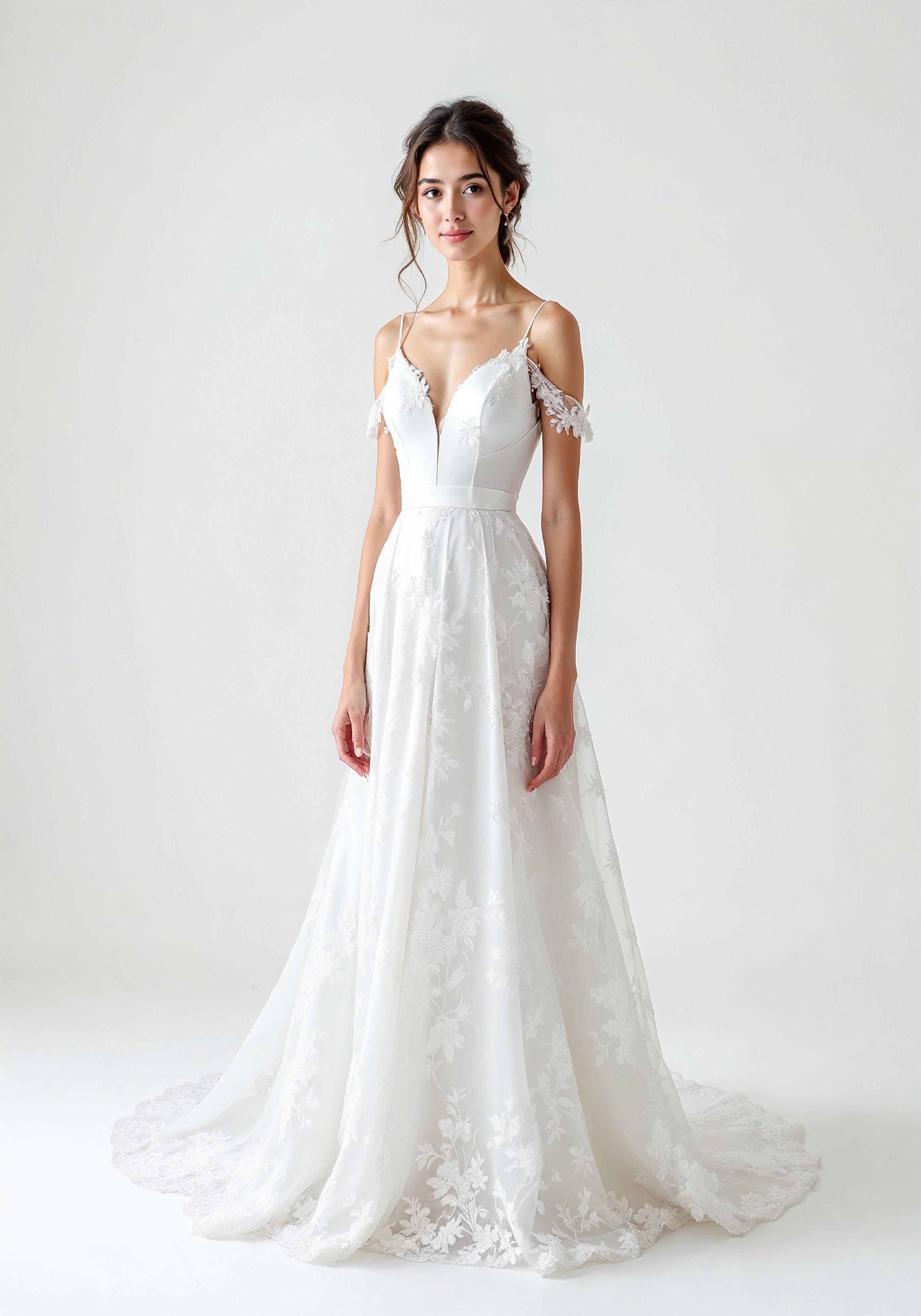 Elegant Young Bride in White Wedding Gown Posing in Studio on Light Background