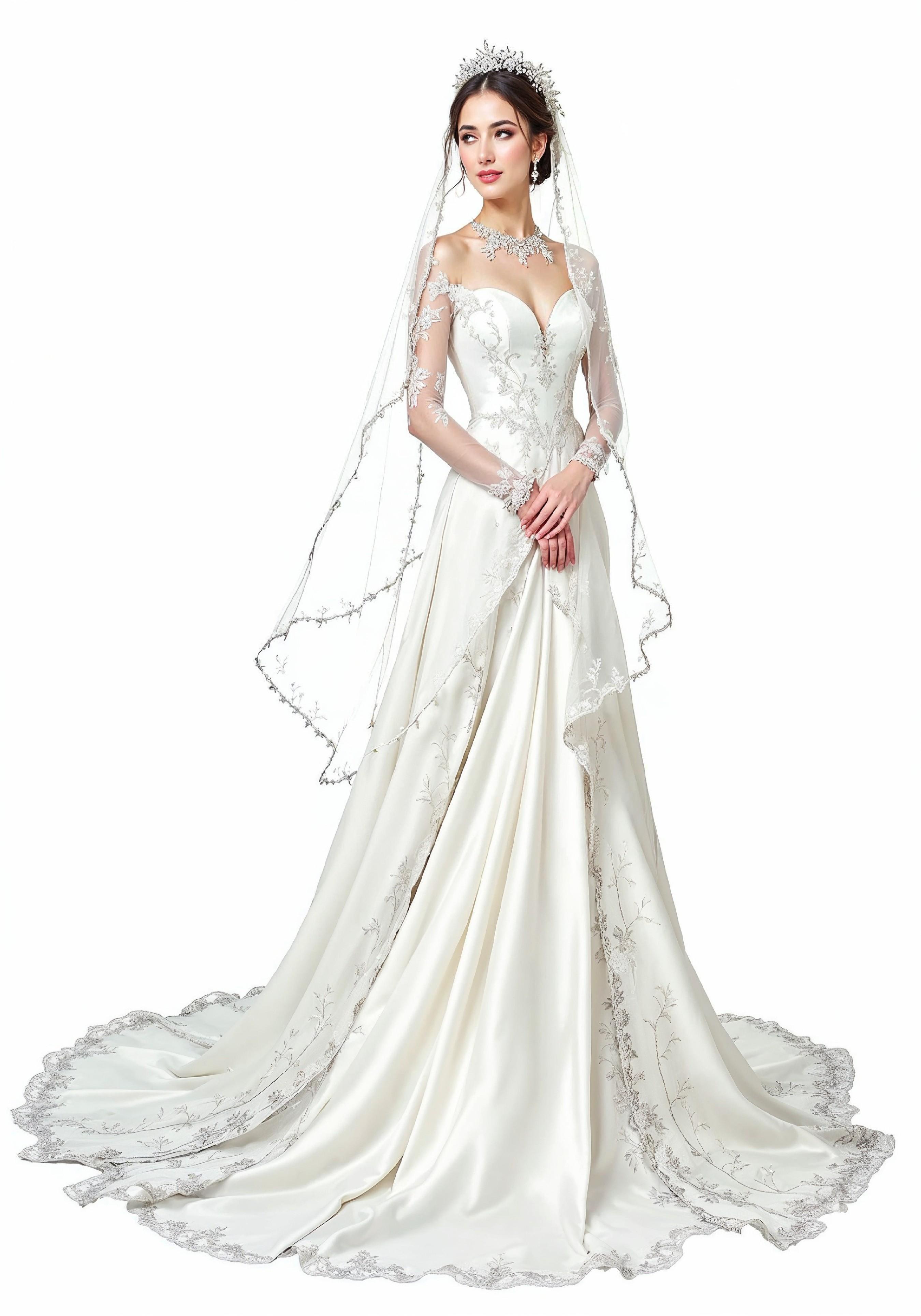Elegant Young Bride in White Wedding Gown Posing in Studio on Light Background