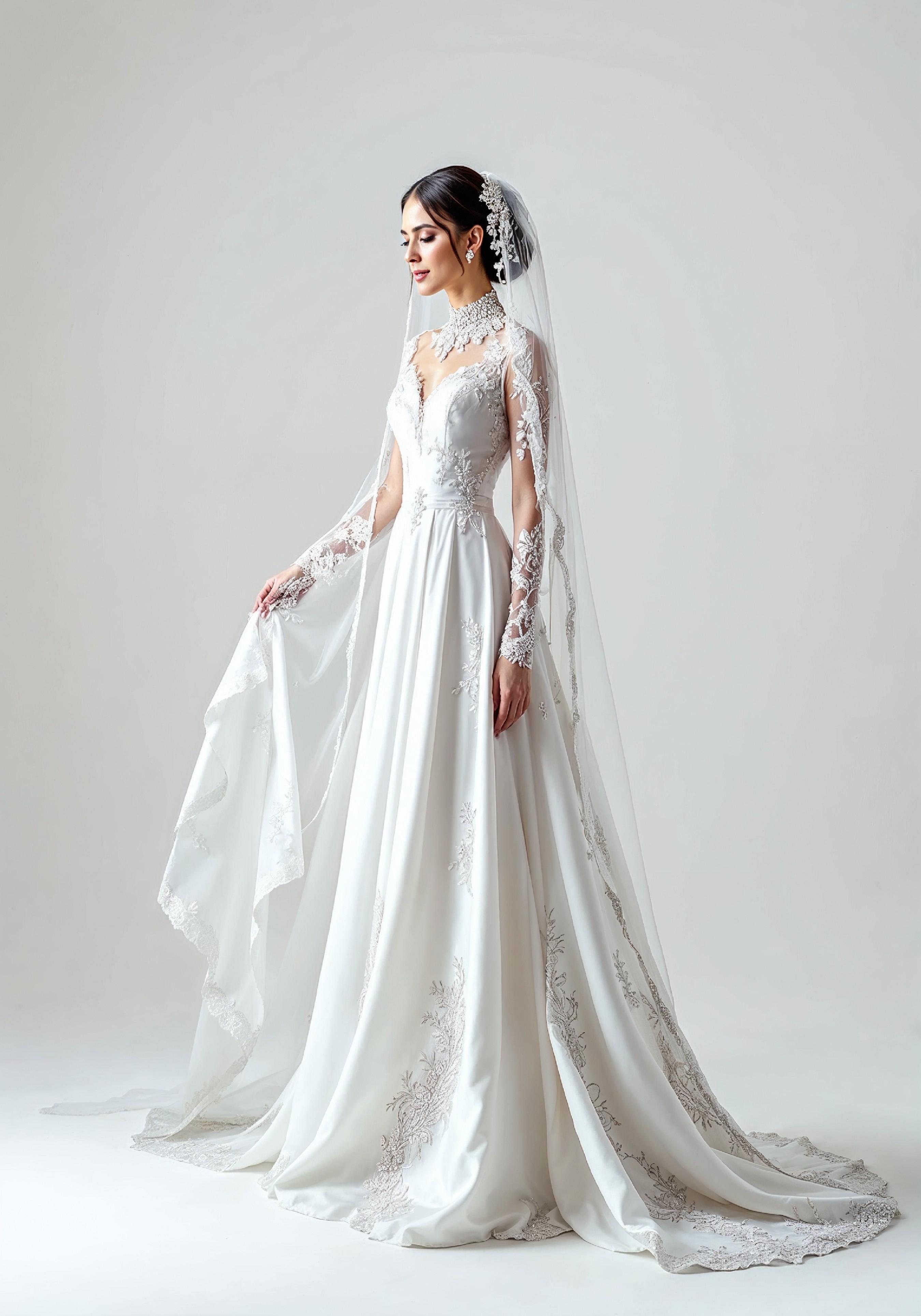 Elegant Young Bride in White Wedding Gown Posing in Studio on Light Background