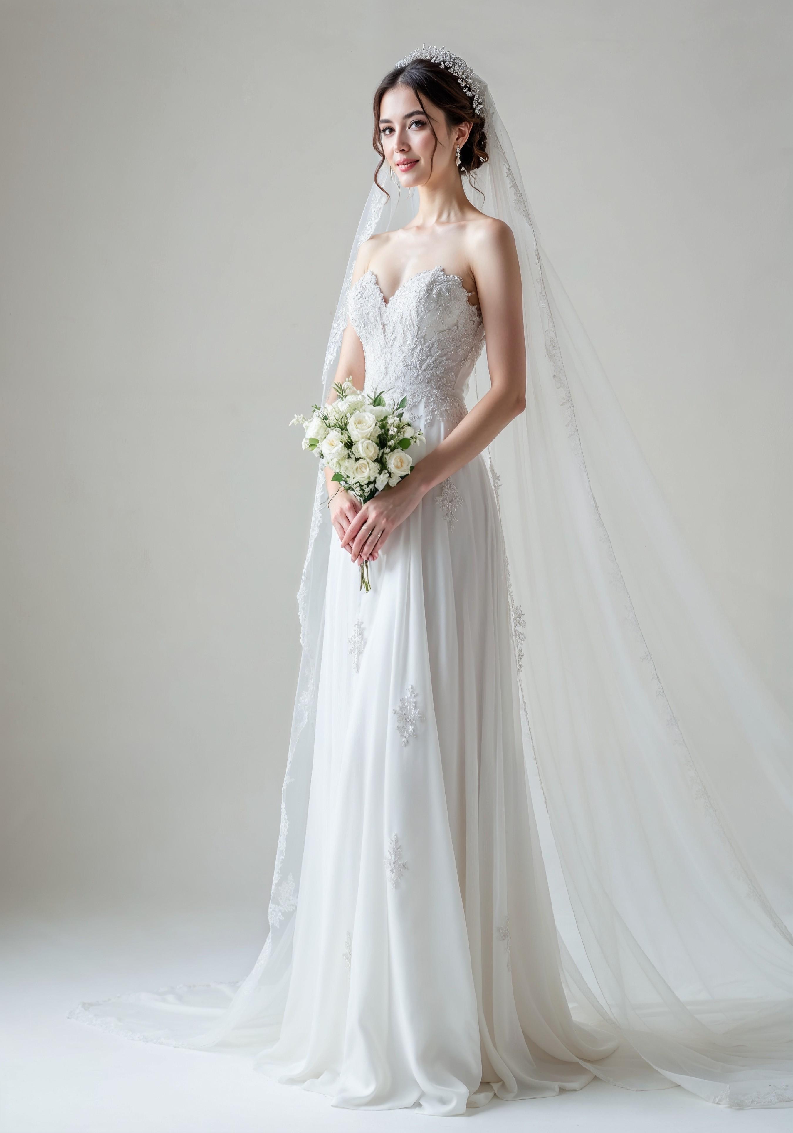 Elegant Young Bride in White Wedding Gown Posing in Studio on Light Background