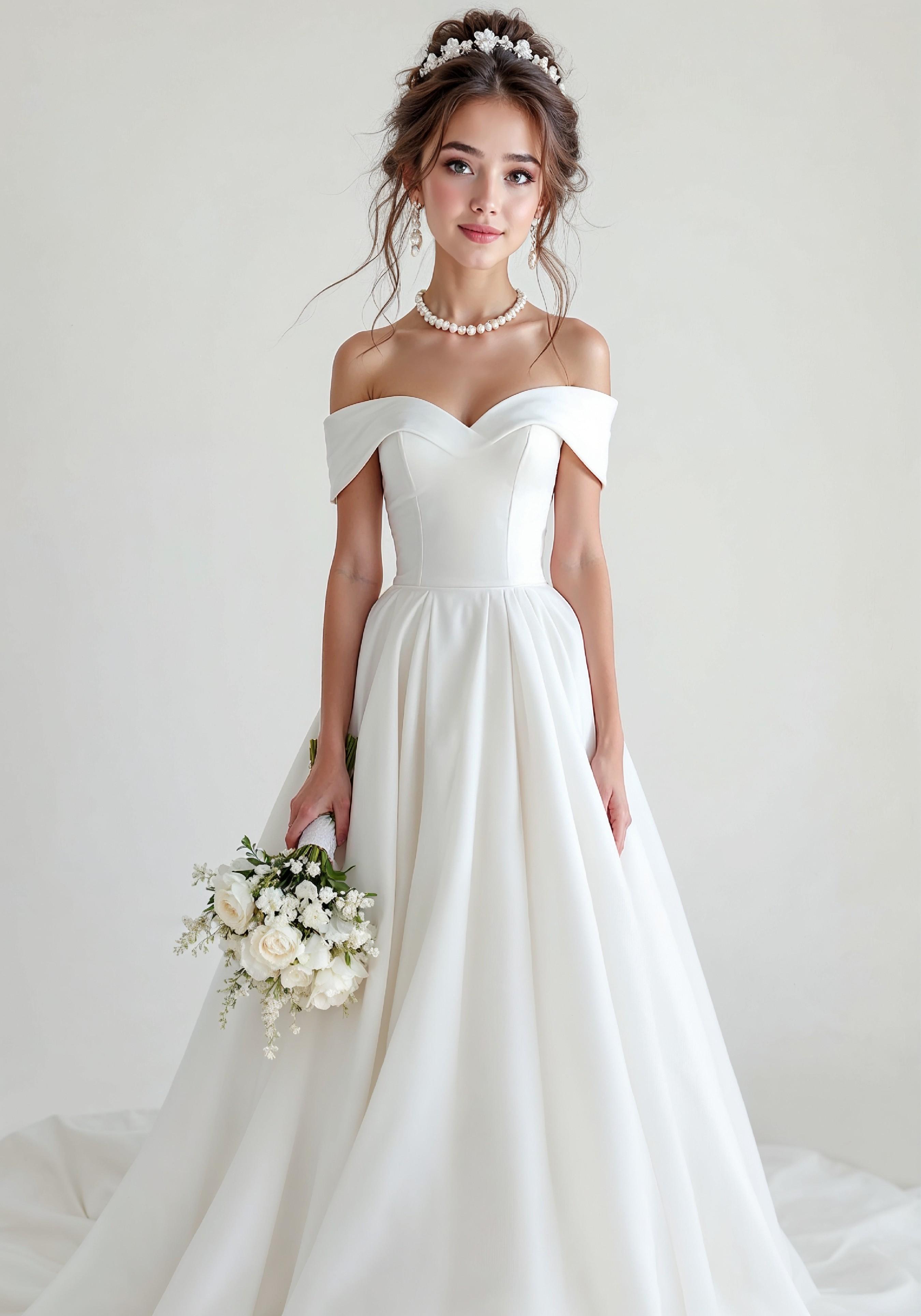 Elegant Young Bride in White Wedding Gown Posing in Studio on Light Background