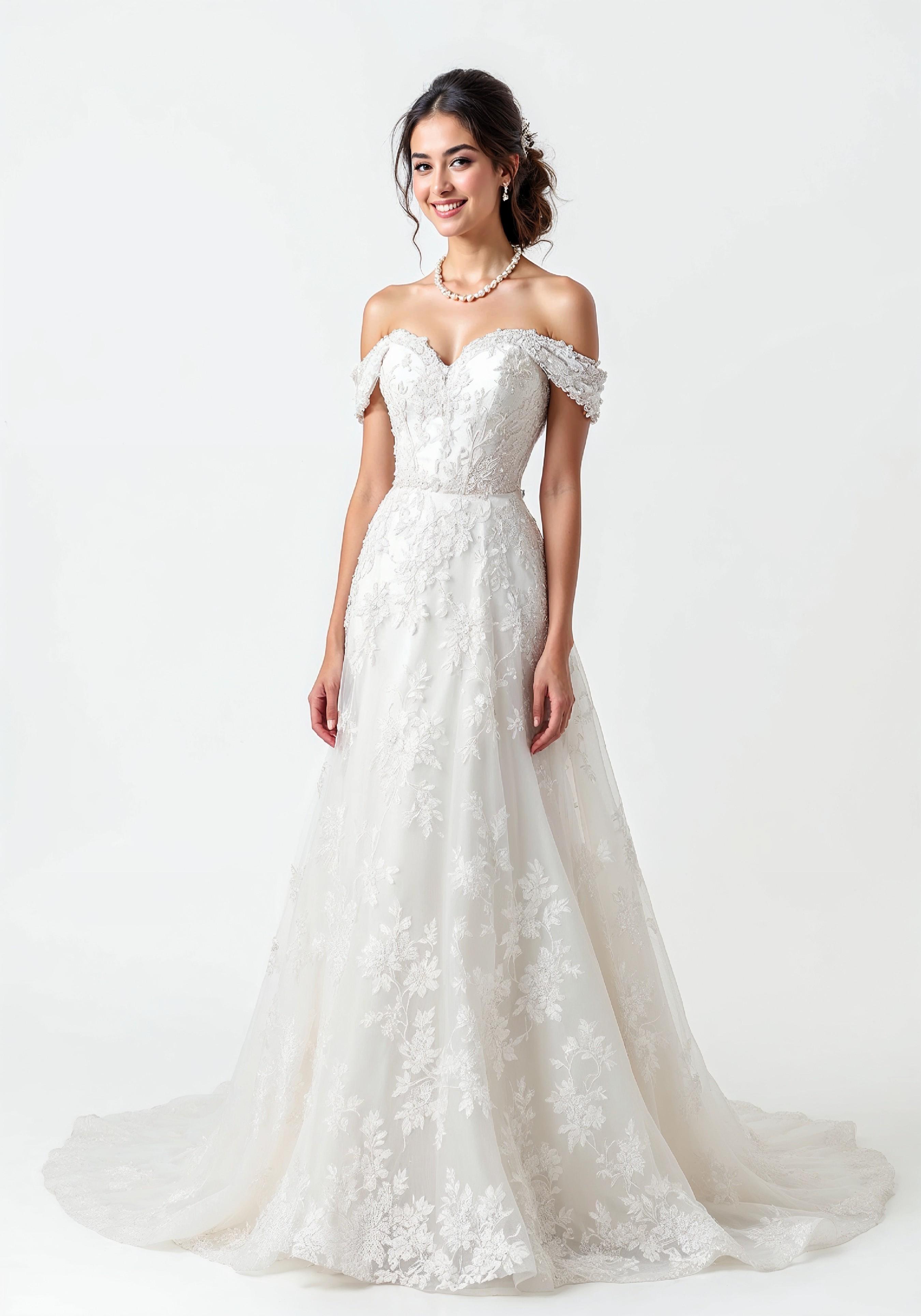 Elegant Young Bride in White Wedding Gown Posing in Studio on Light Background
