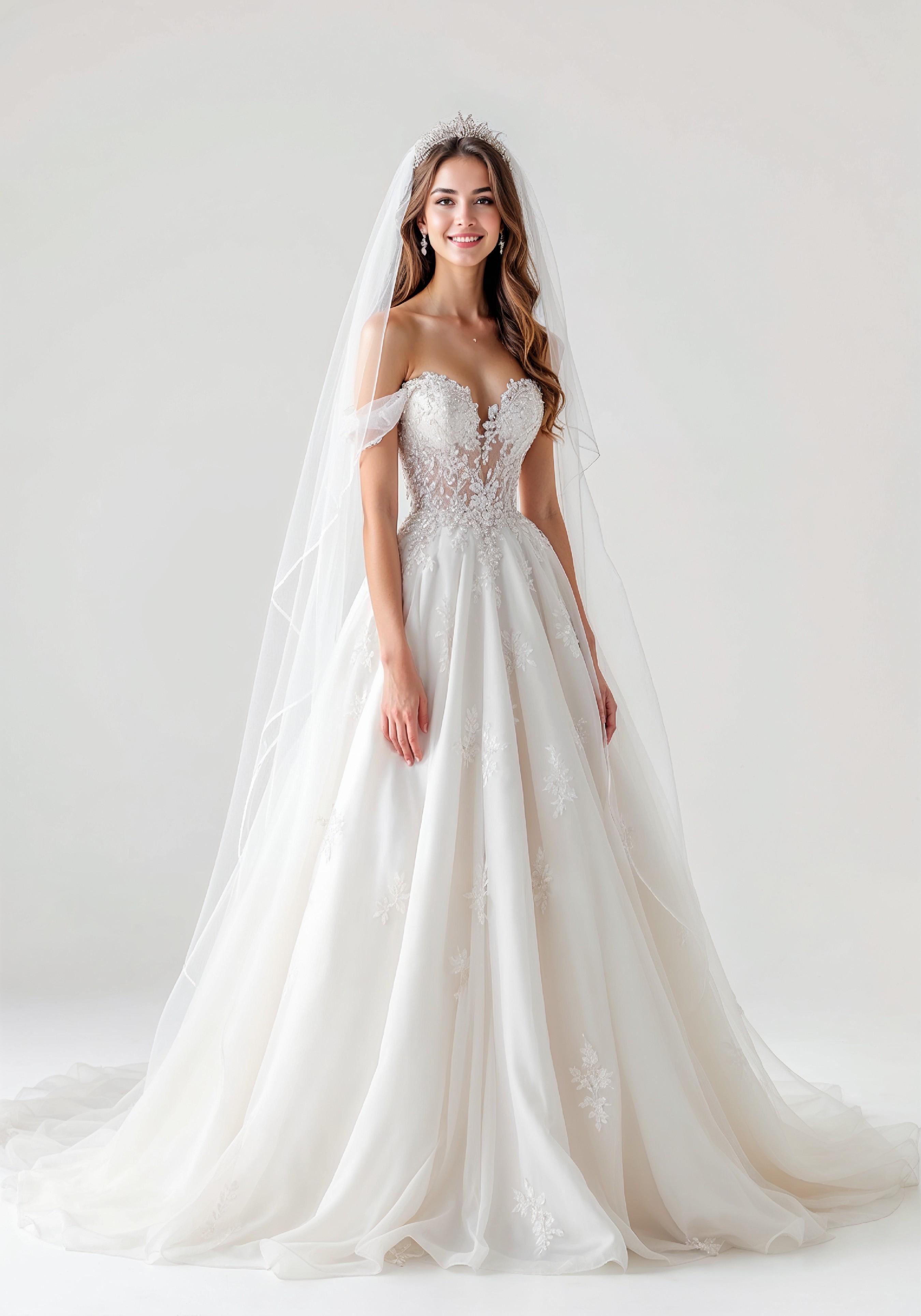 Elegant Young Bride in White Wedding Gown Posing in Studio on Light Background