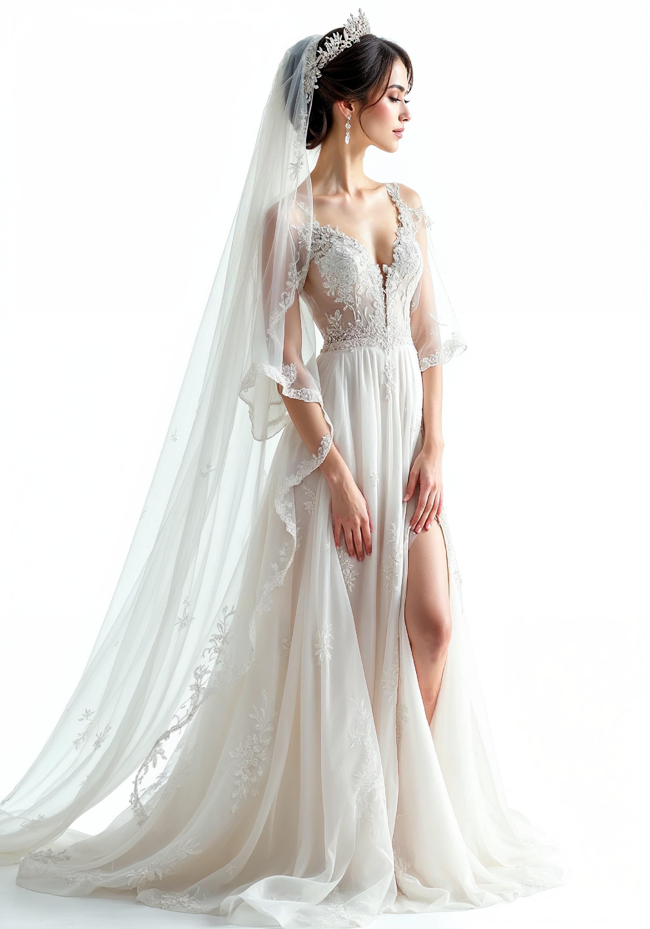 Elegant Young Bride in White Wedding Gown Posing in Studio on Light Background