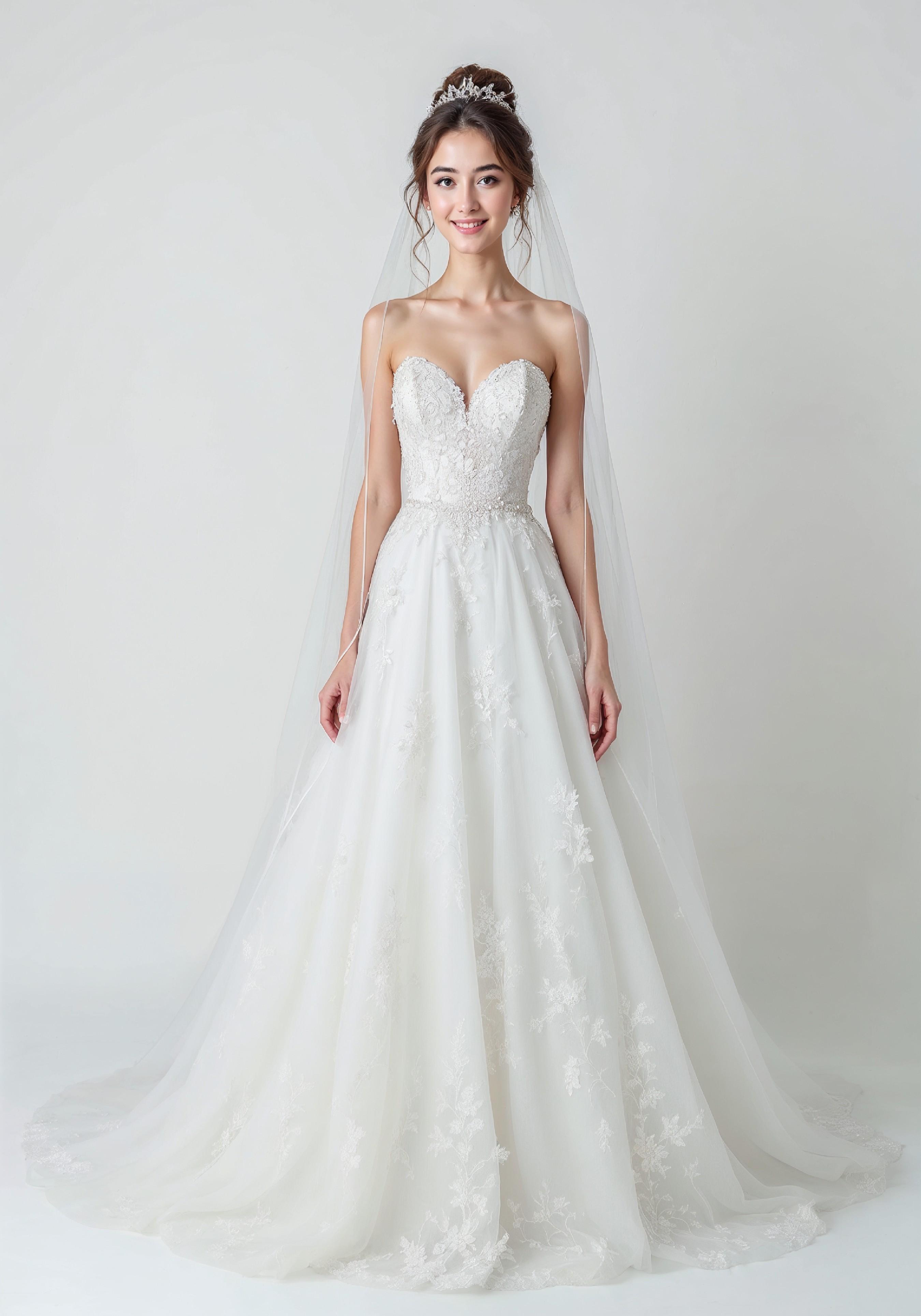 Elegant Young Bride in White Wedding Gown Posing in Studio on Light Background