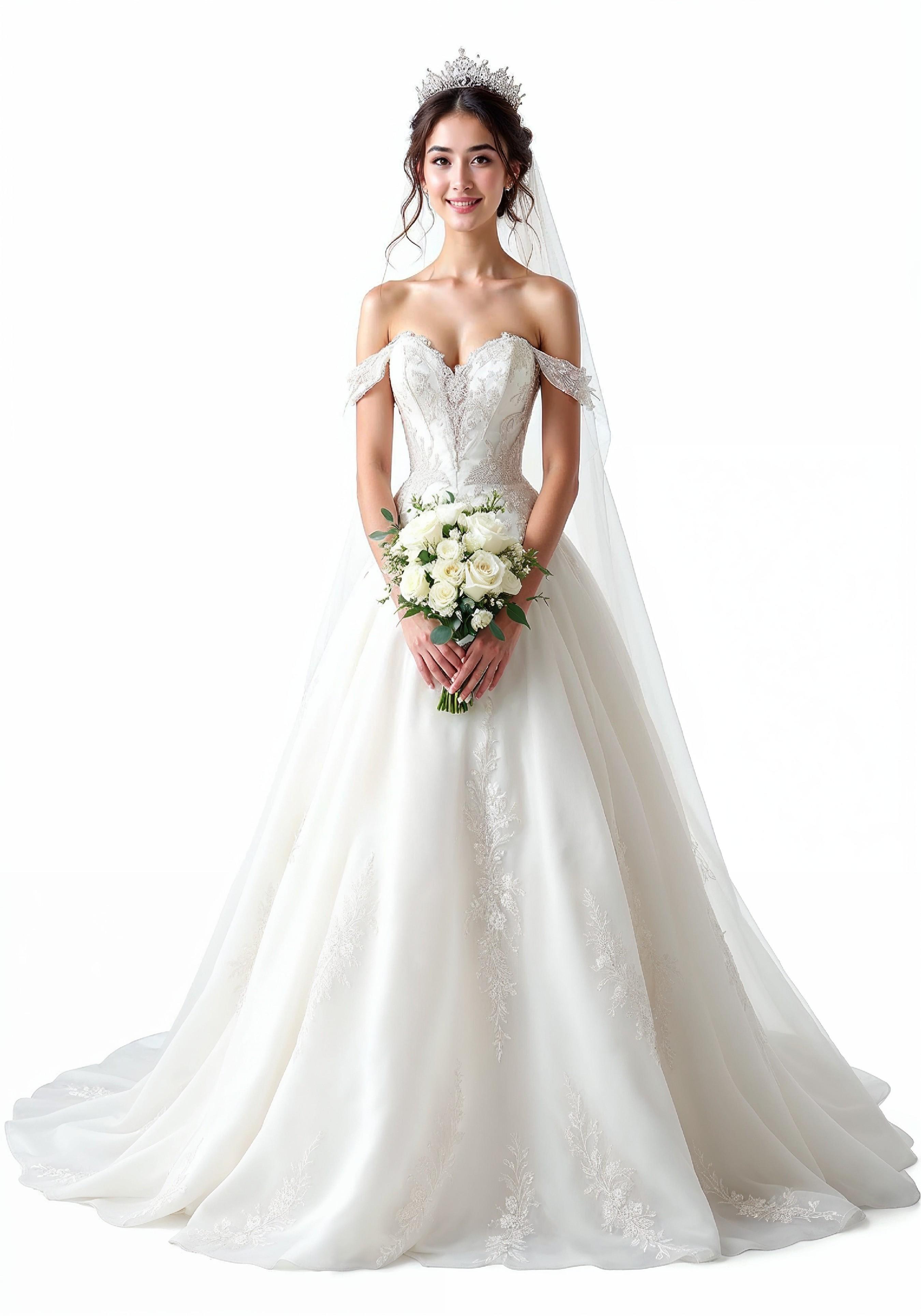 Elegant Young Bride in White Wedding Gown Posing in Studio on Light Background