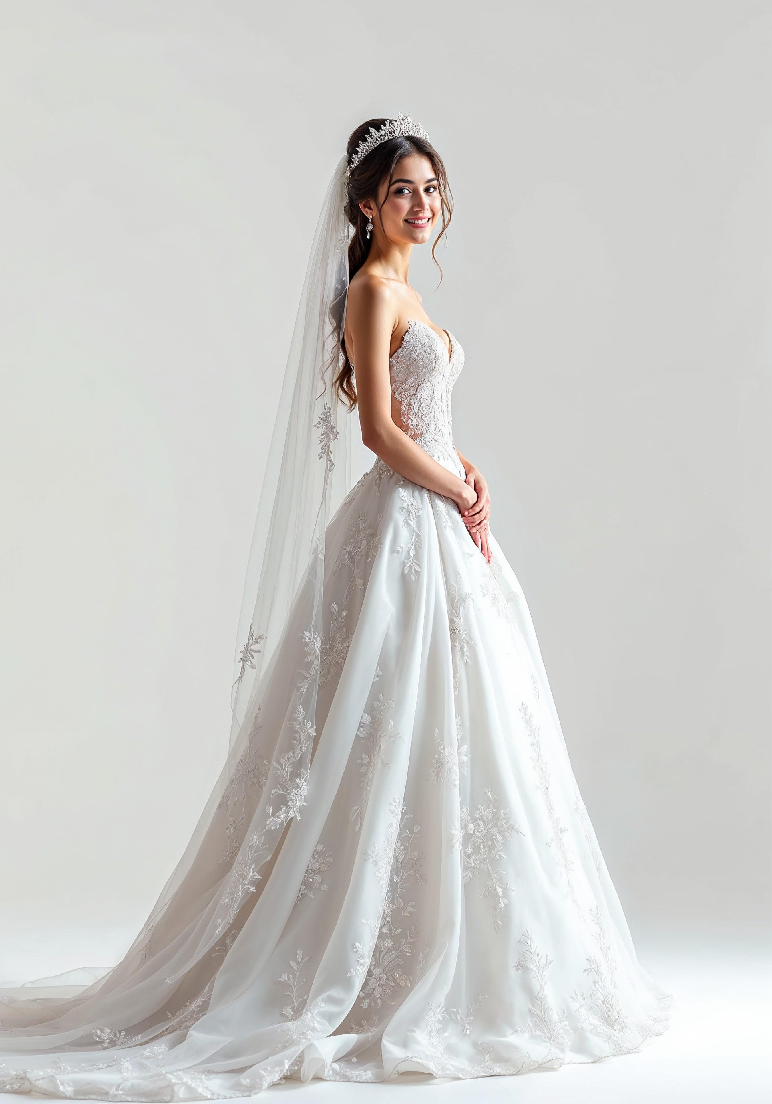 Elegant Young Bride in White Wedding Gown Posing in Studio on Light Background