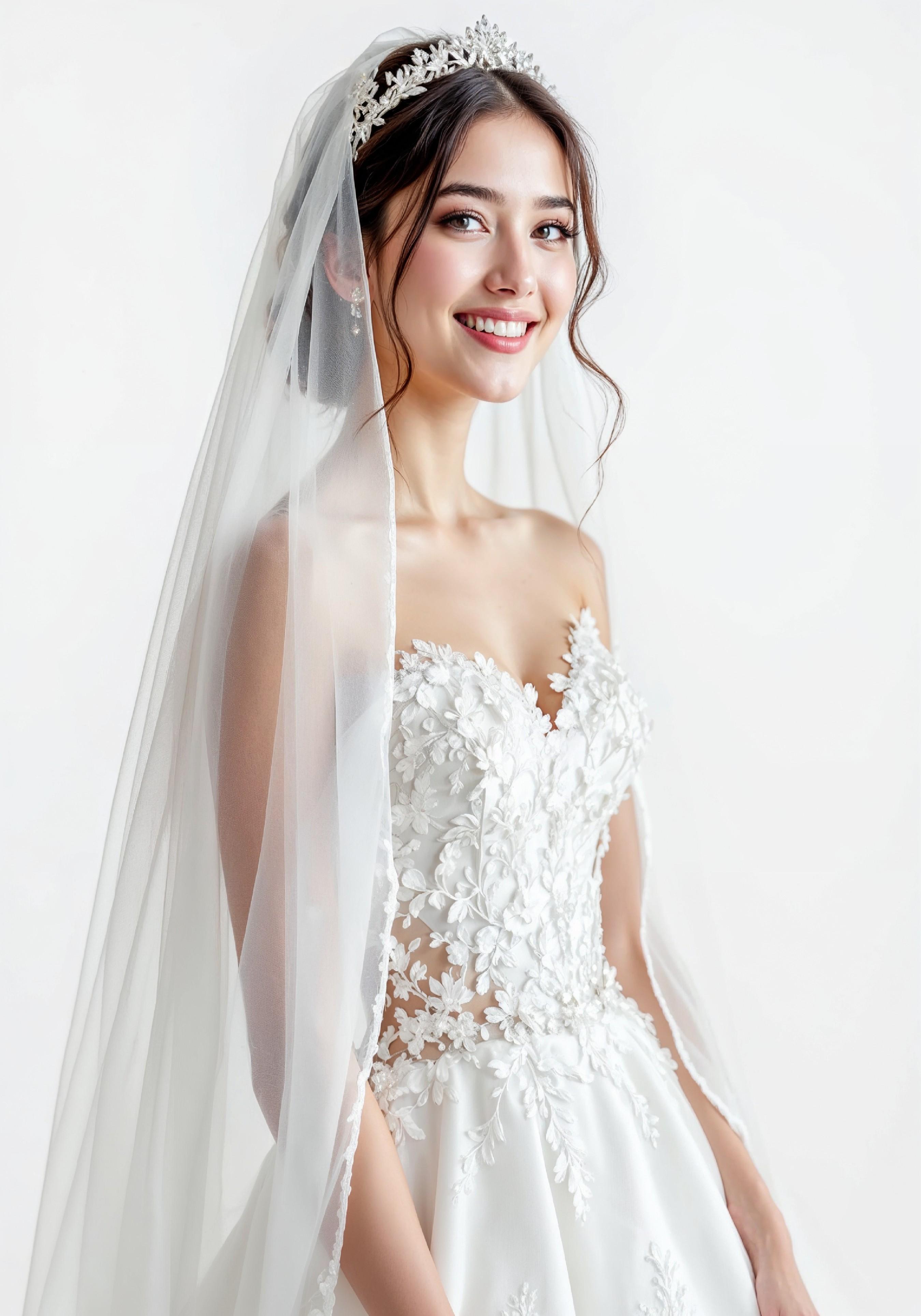 Elegant Young Bride in White Wedding Gown Posing in Studio on Light Background
