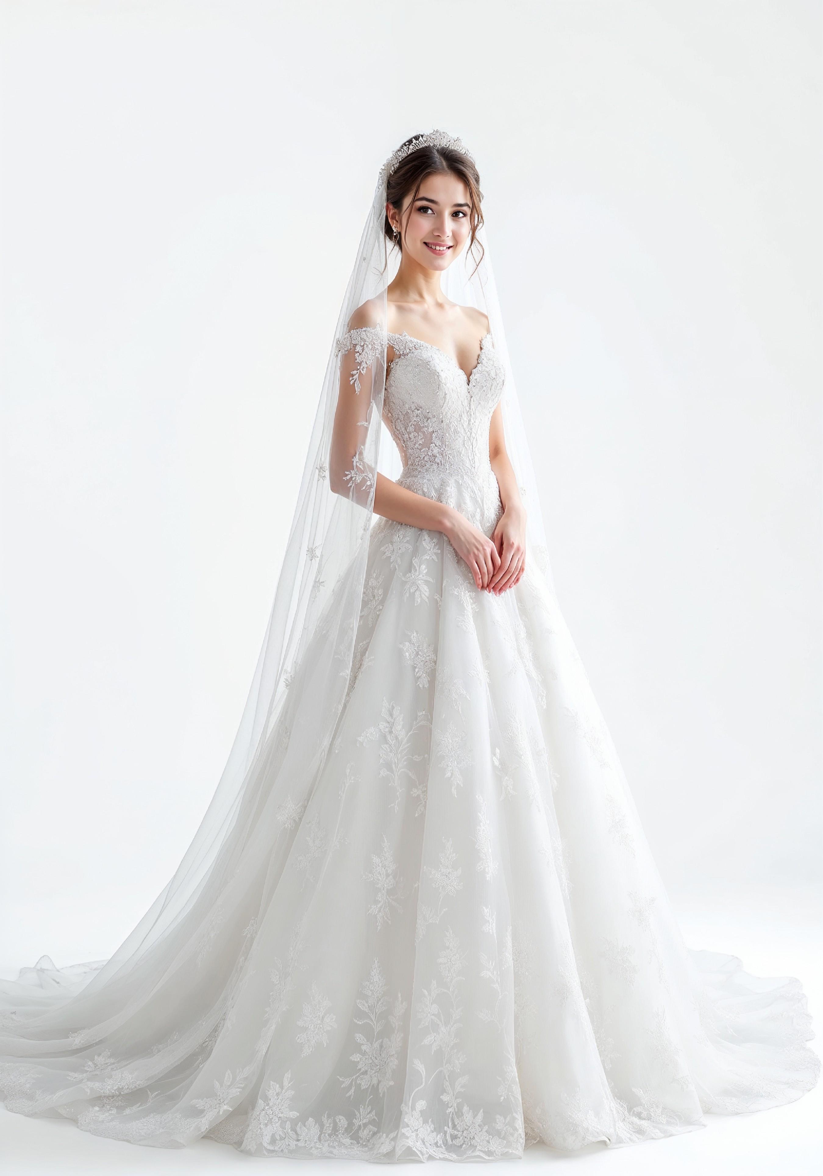 Elegant Young Bride in White Wedding Gown Posing in Studio on Light Background