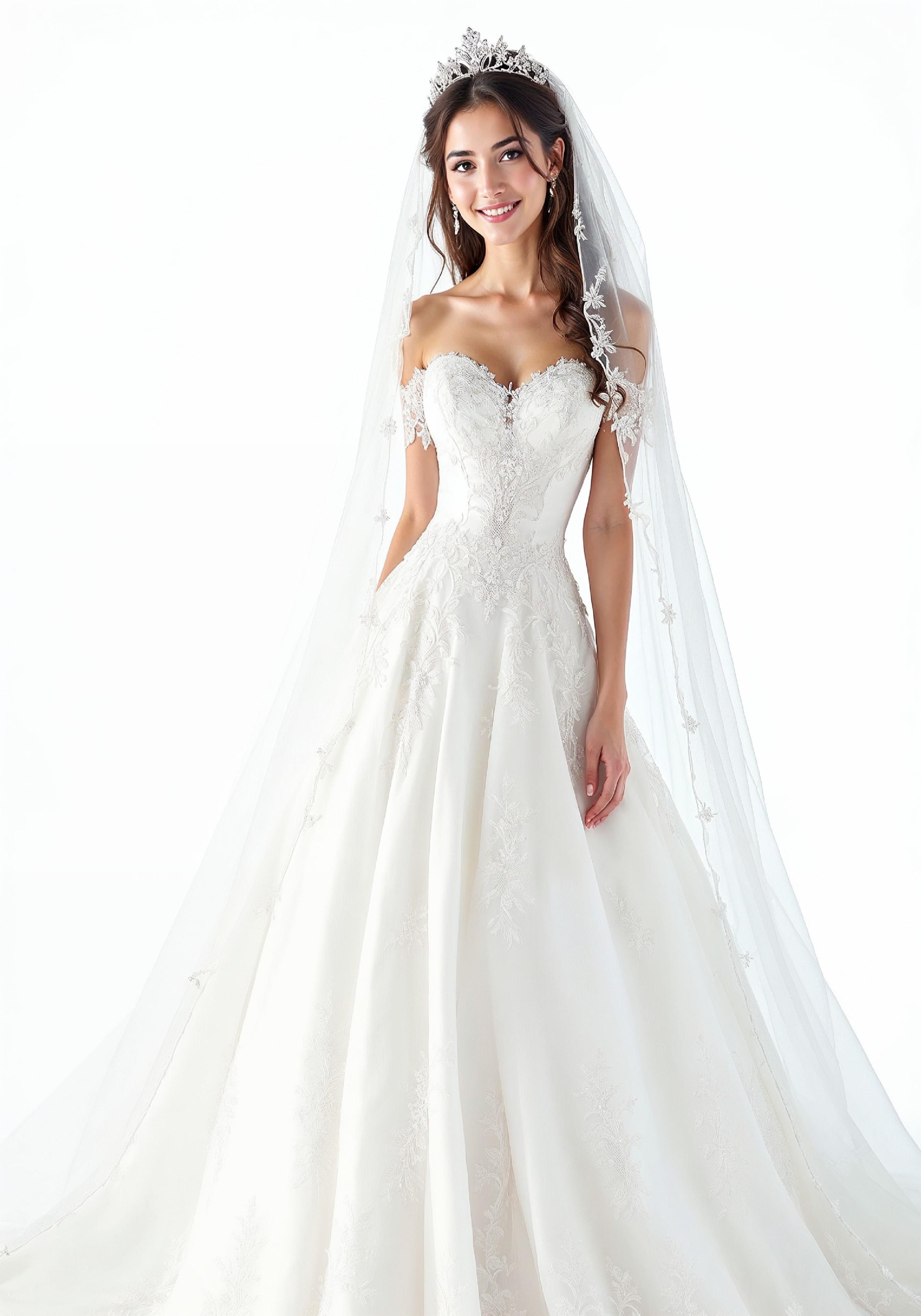 Elegant Young Bride in White Wedding Gown Posing in Studio on Light Background