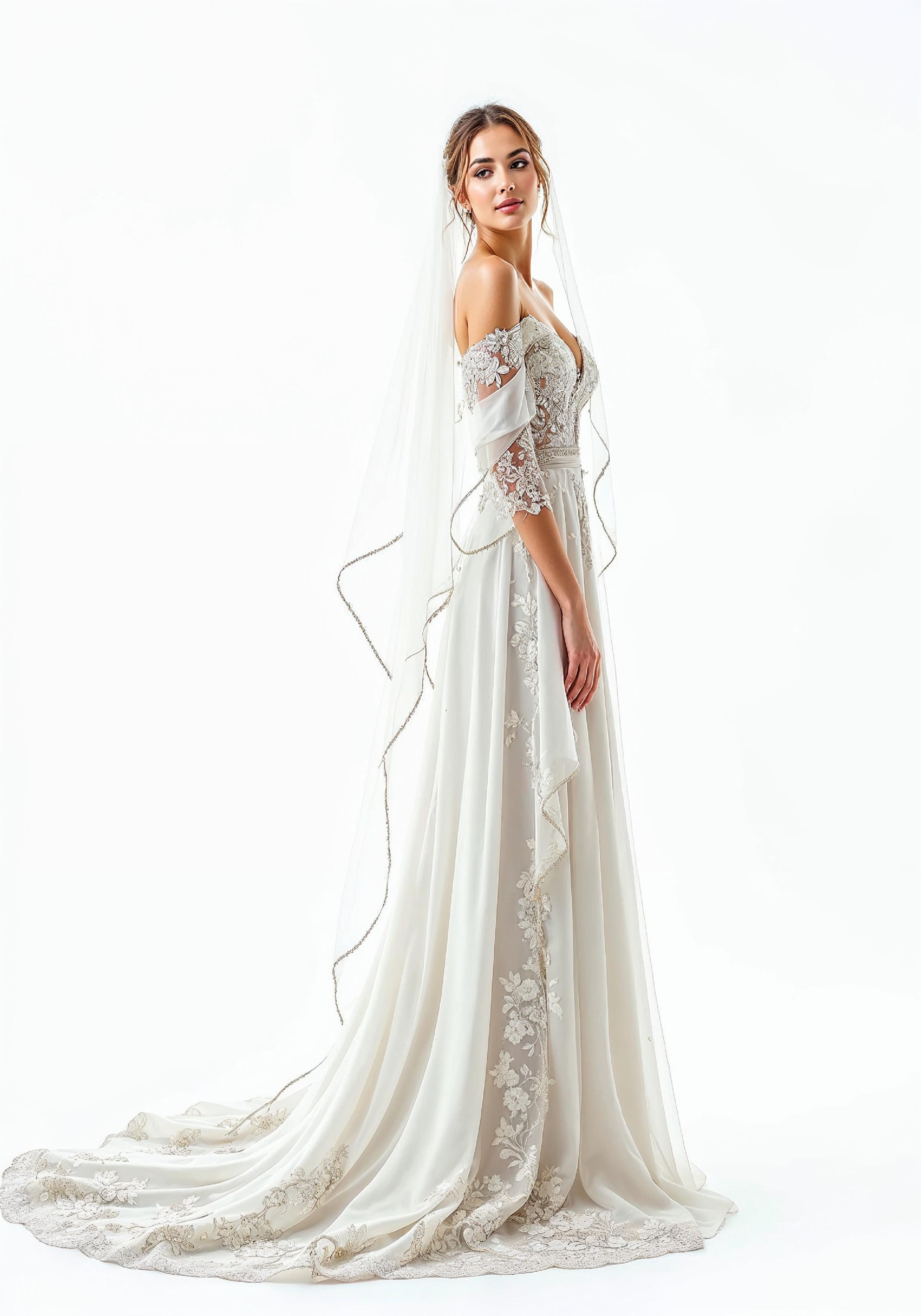 Elegant Young Bride in White Wedding Gown Posing in Studio on Light Background