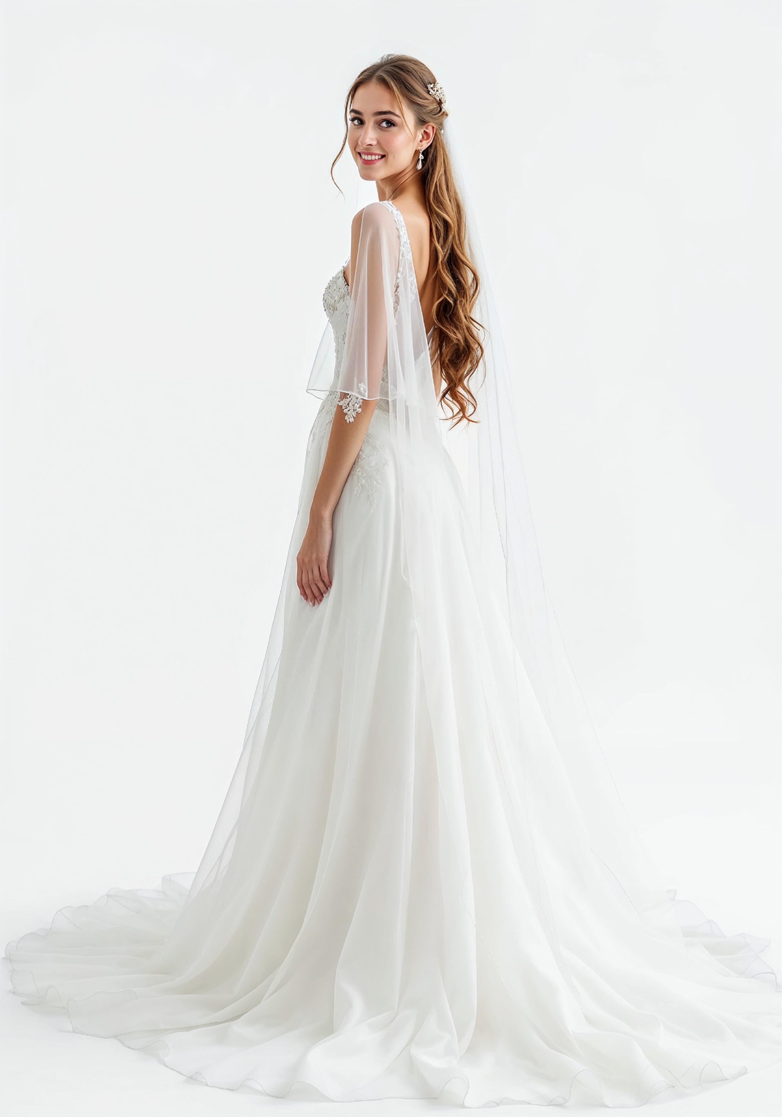 Elegant Young Bride in White Wedding Gown Posing in Studio on Light Background