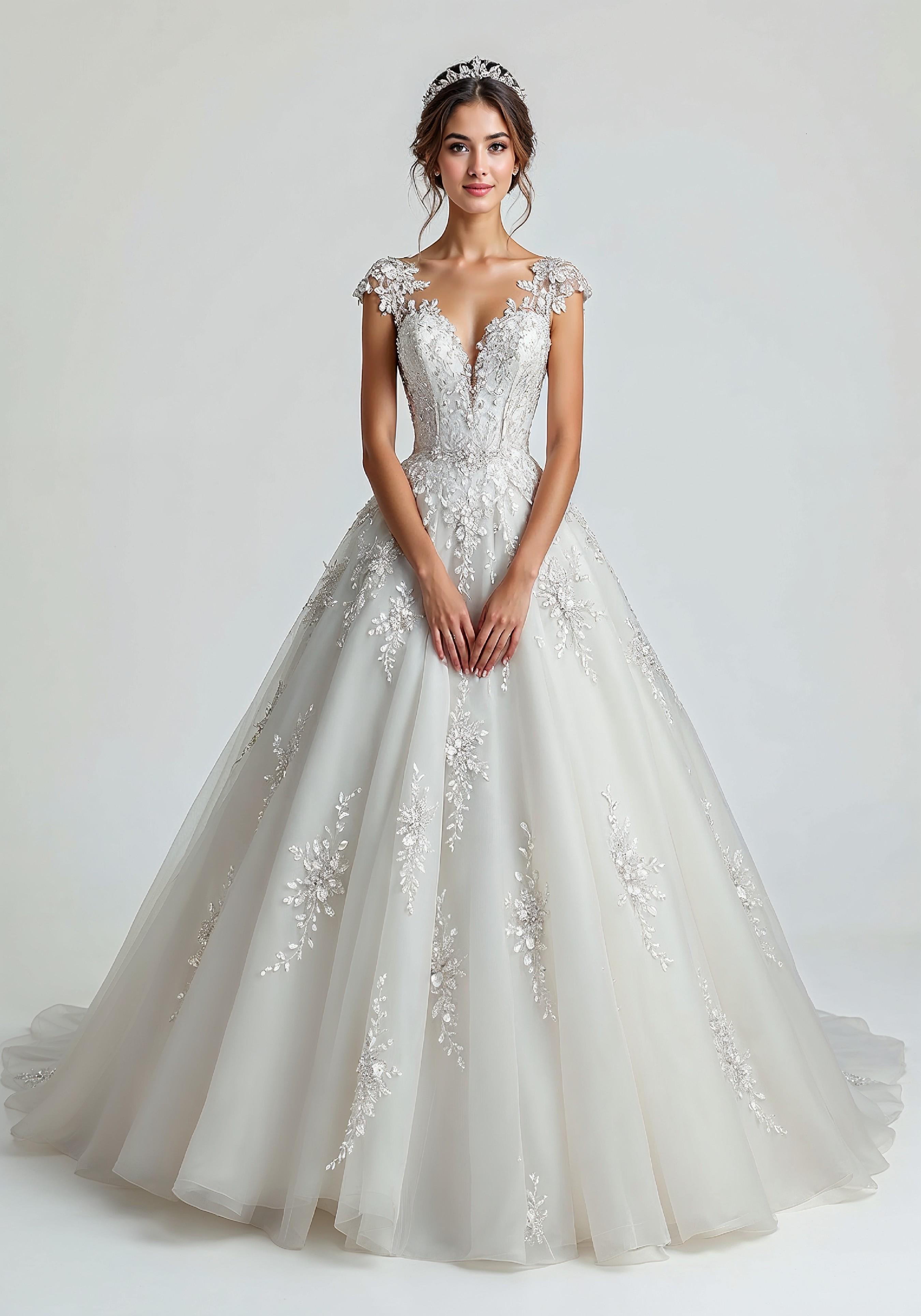 Elegant Young Bride in White Wedding Gown Posing in Studio on Light Background