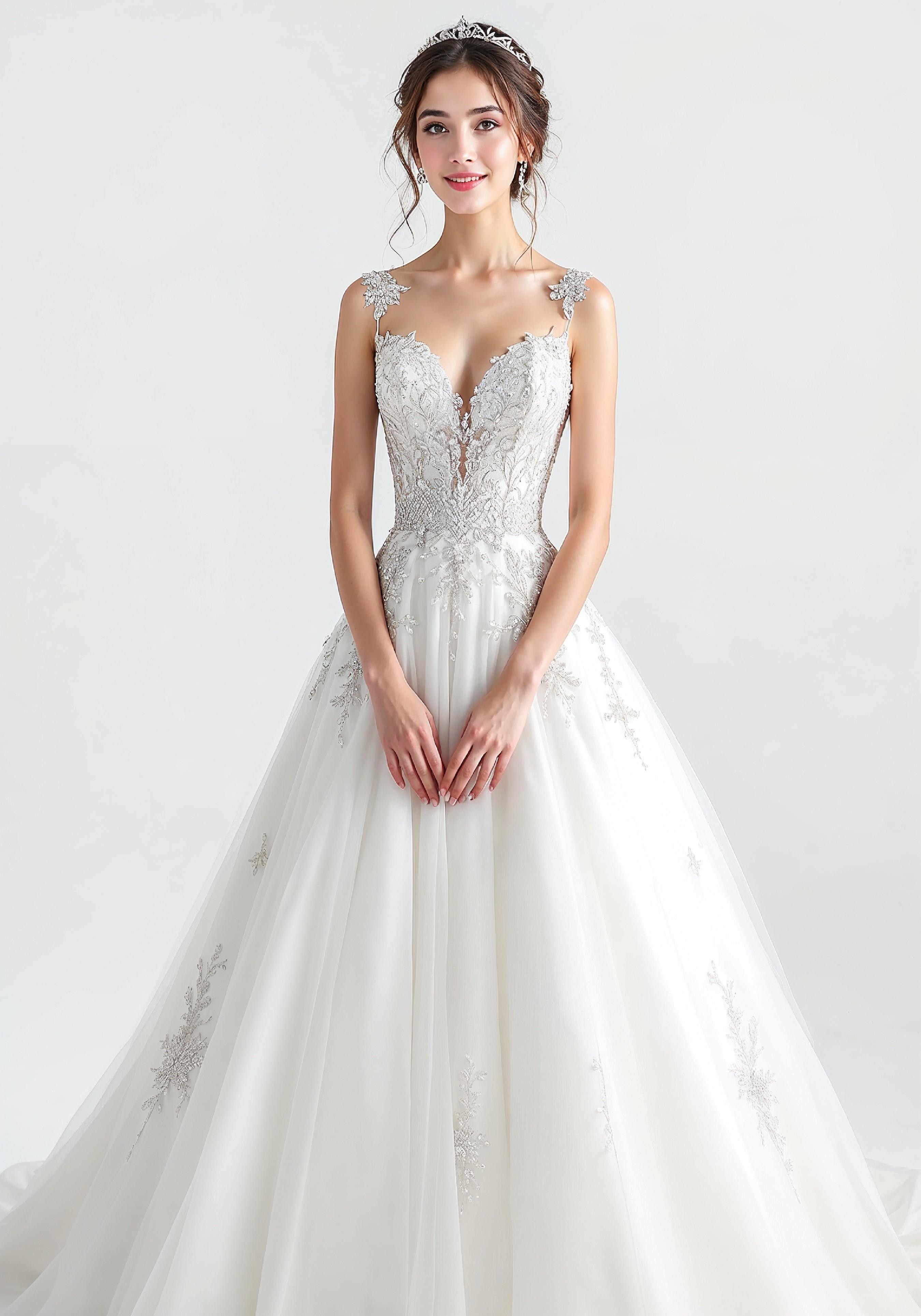 Elegant Young Bride in White Wedding Gown Posing in Studio on Light Background