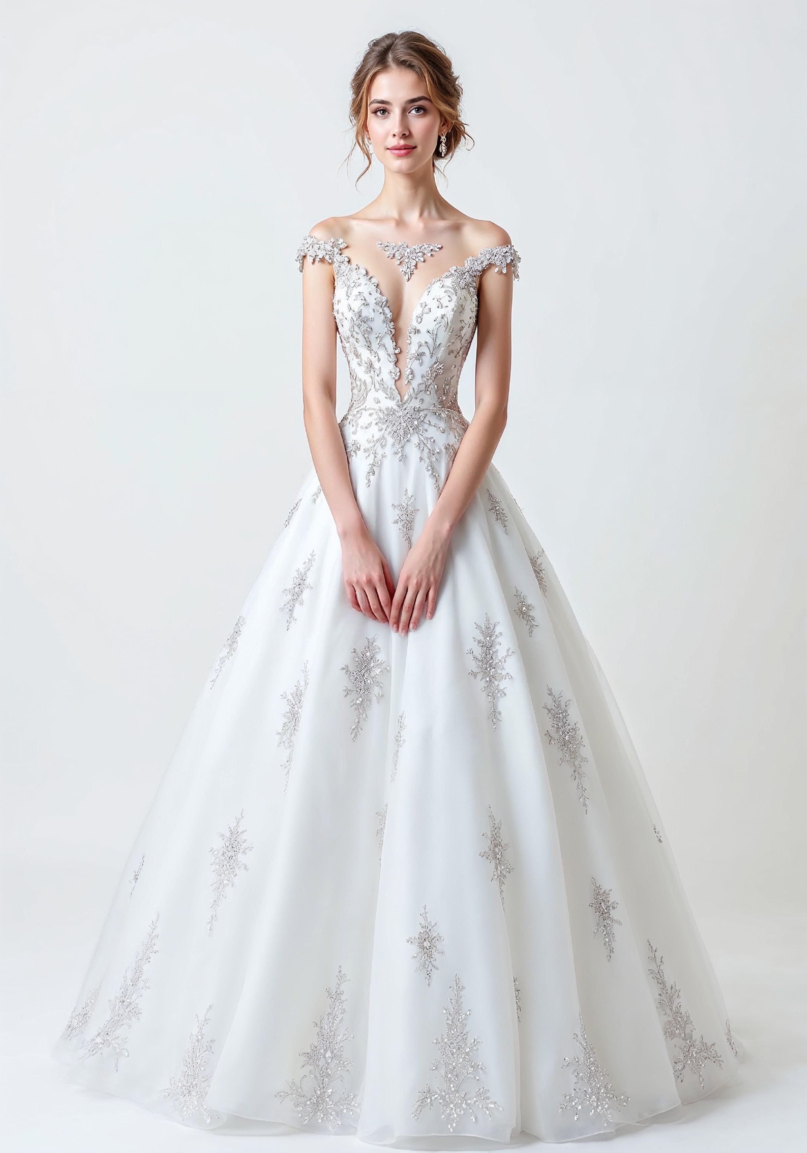 Elegant Young Bride in White Wedding Gown Posing in Studio on Light Background