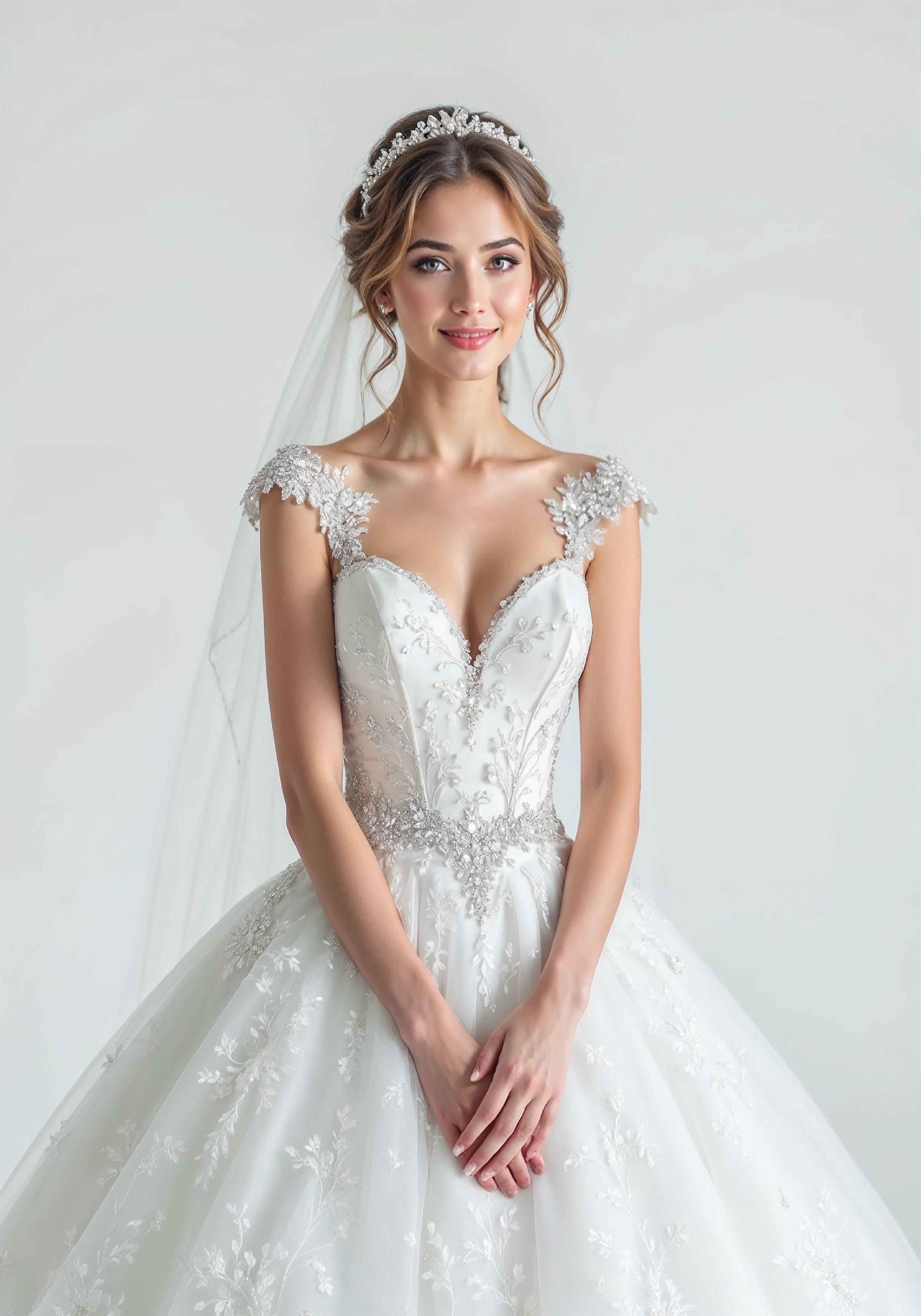 Elegant Young Bride in White Wedding Gown Posing in Studio on Light Background