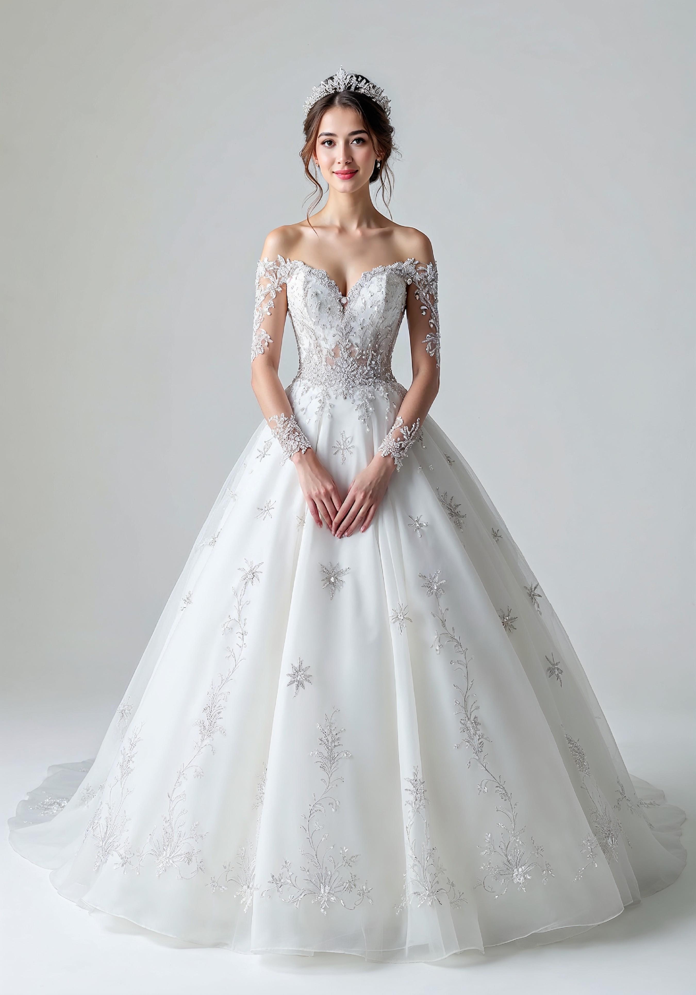 Elegant Young Bride in White Wedding Gown Posing in Studio on Light Background