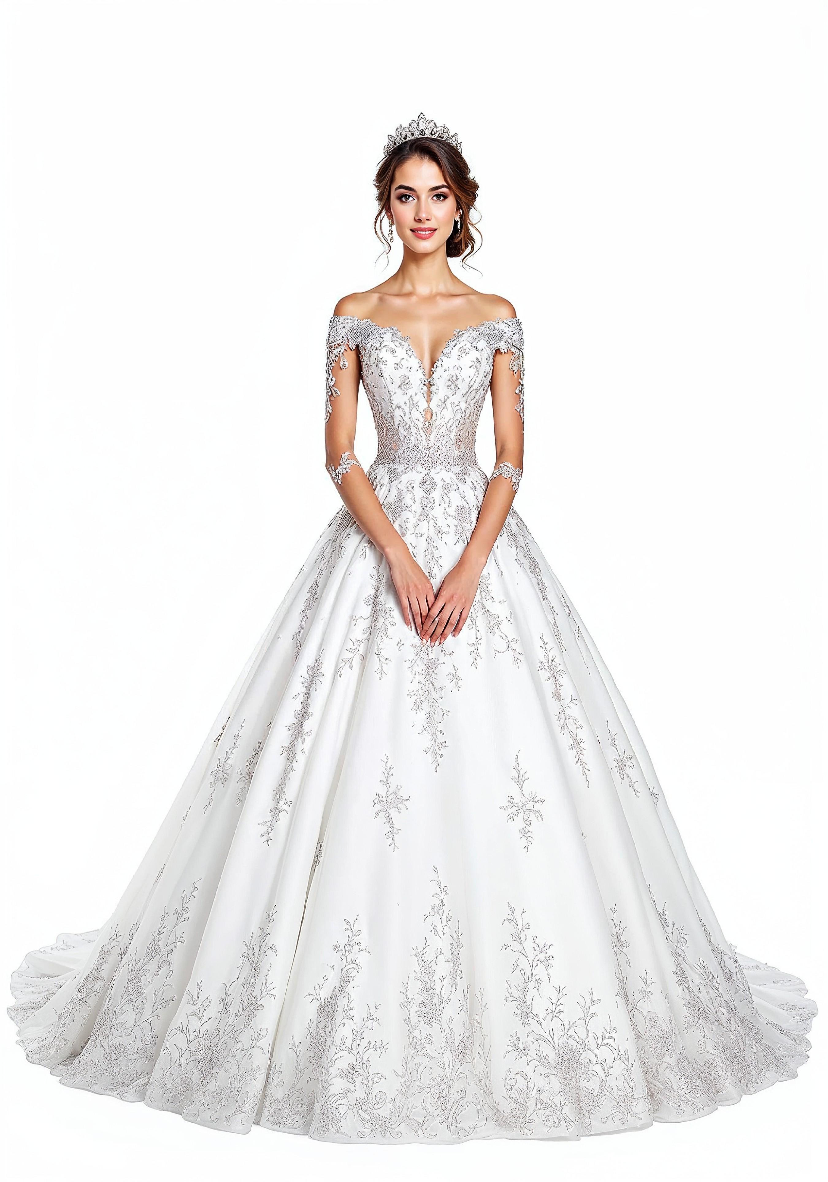 Elegant Young Bride in White Wedding Gown Posing in Studio on Light Background