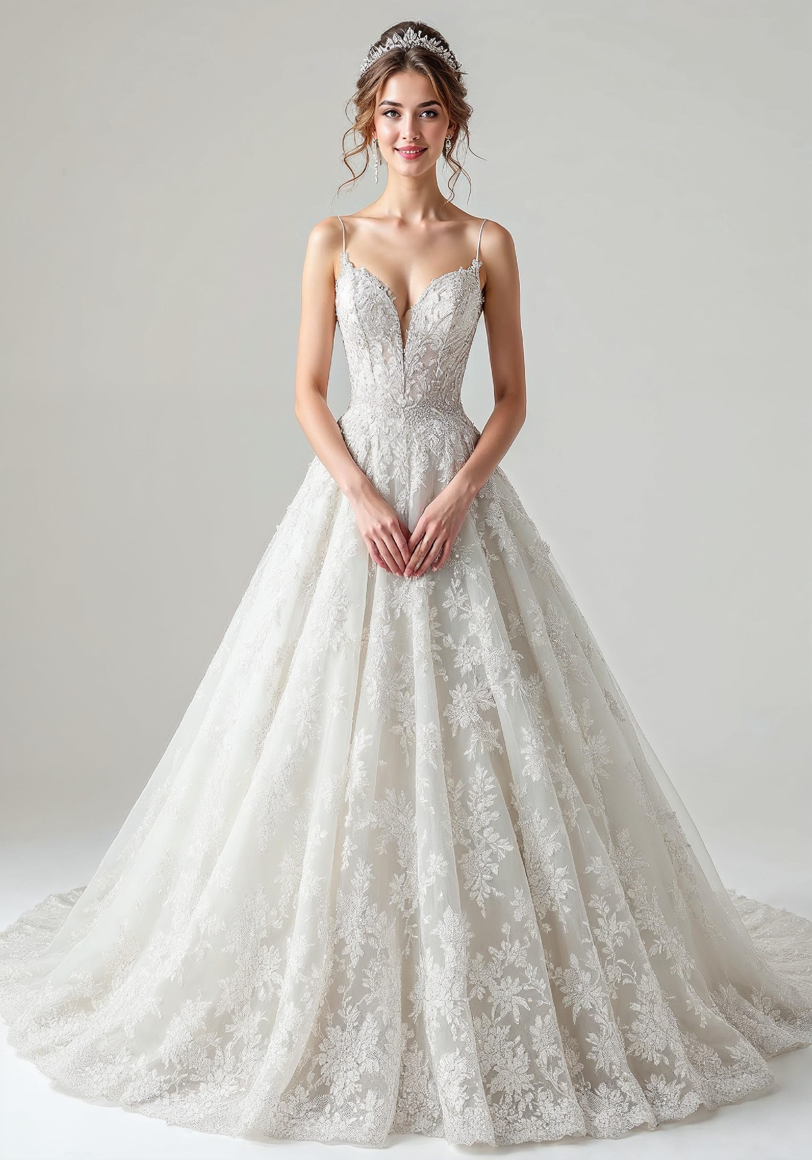 Elegant Young Bride in White Wedding Gown Posing in Studio on Light Background