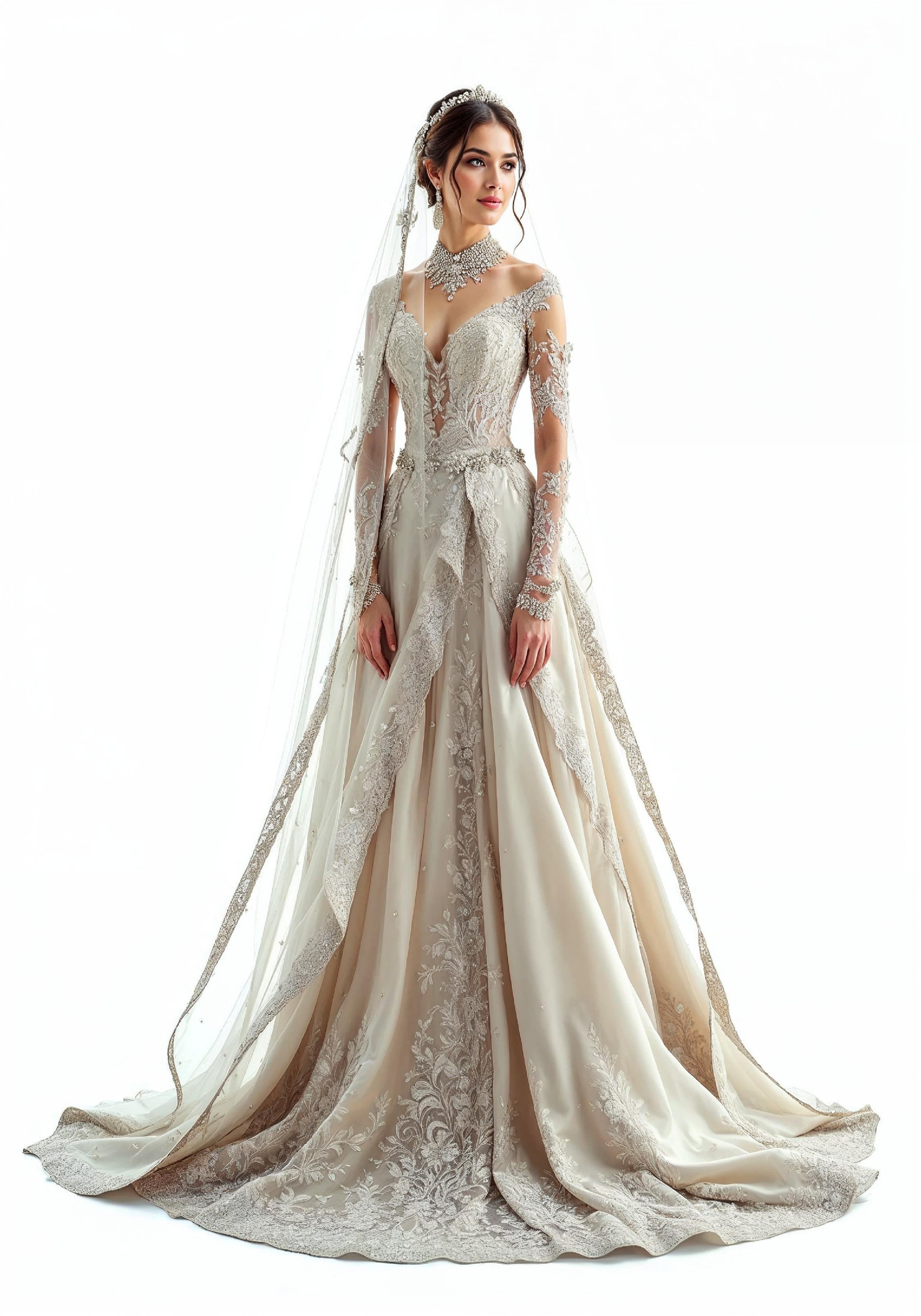 Elegant Young Bride in White Wedding Gown Posing in Studio on Light Background