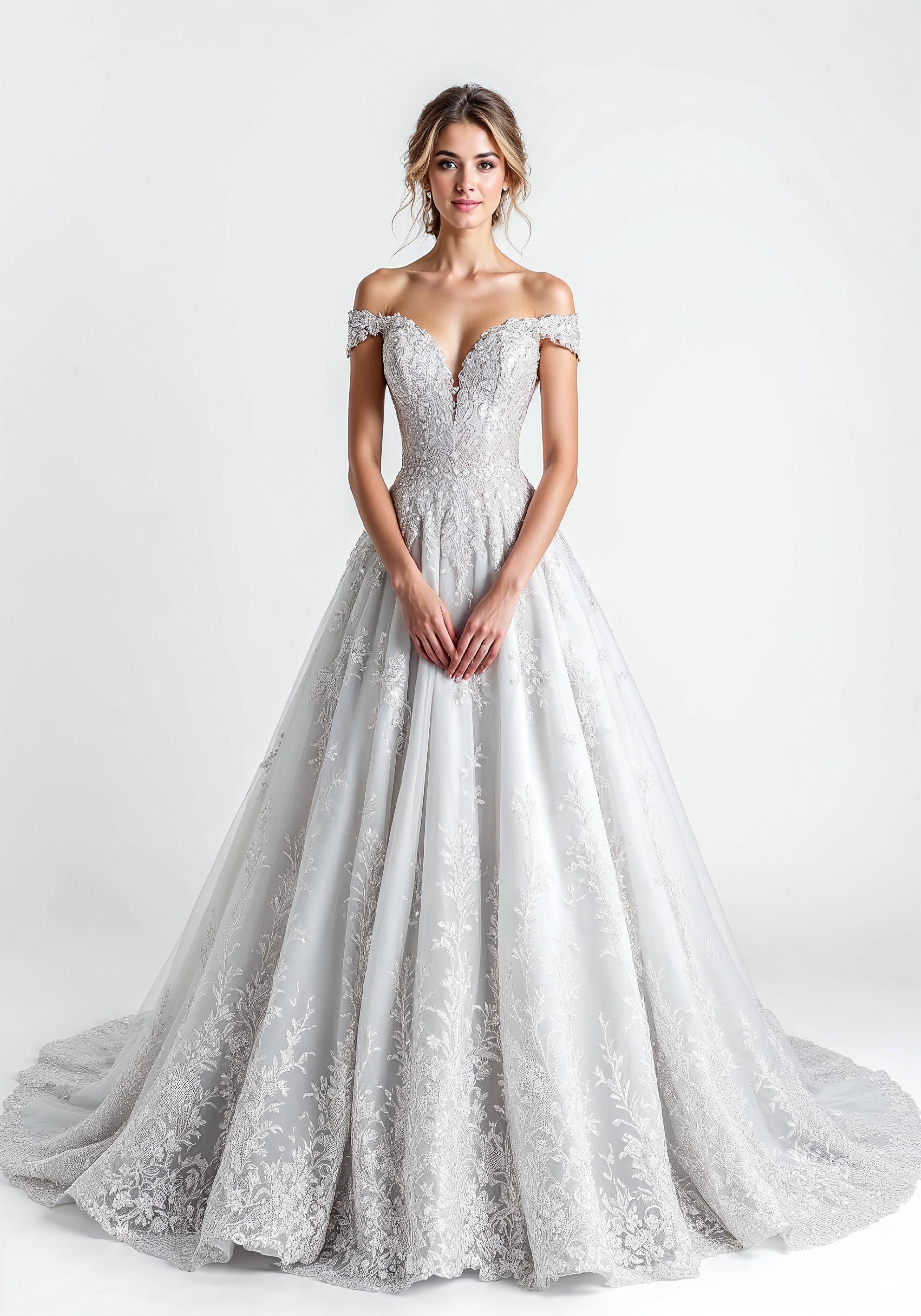 Elegant Young Bride in White Wedding Gown Posing in Studio on Light Background