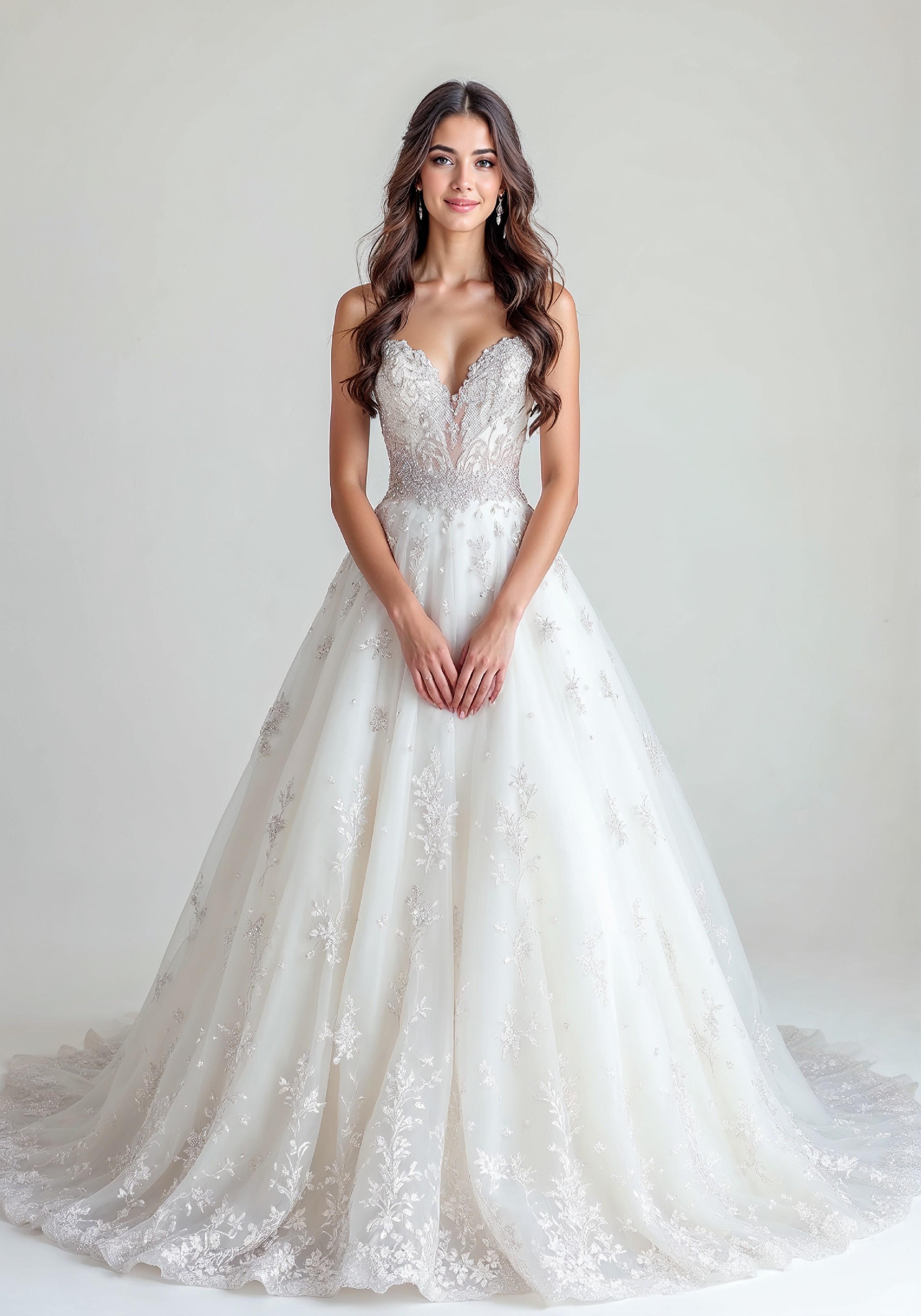 Elegant Young Bride in White Wedding Gown Posing in Studio on Light Background