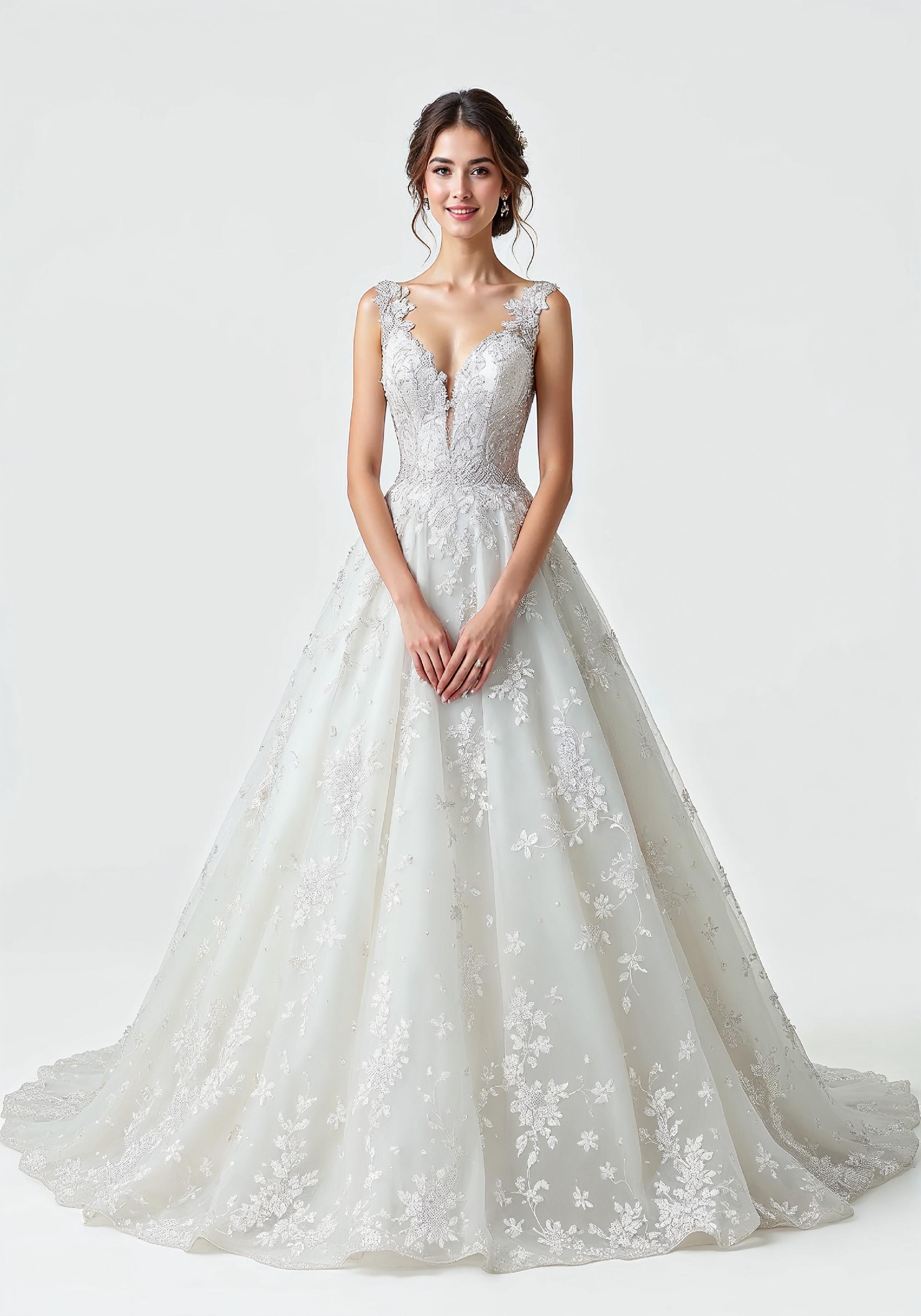 Elegant Young Bride in White Wedding Gown Posing in Studio on Light Background
