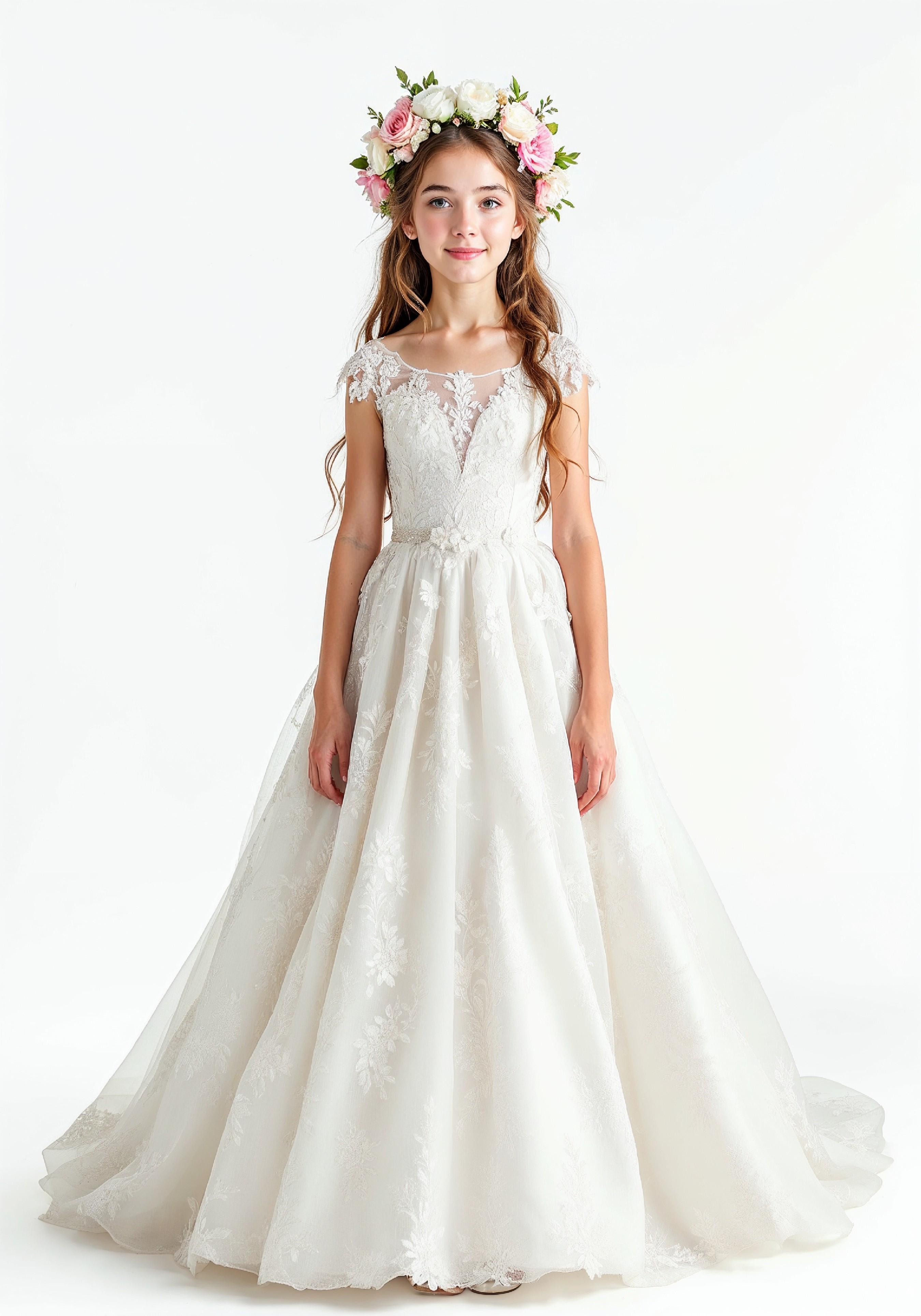 Elegant Young Bride in White Wedding Gown Posing in Studio on Light Background