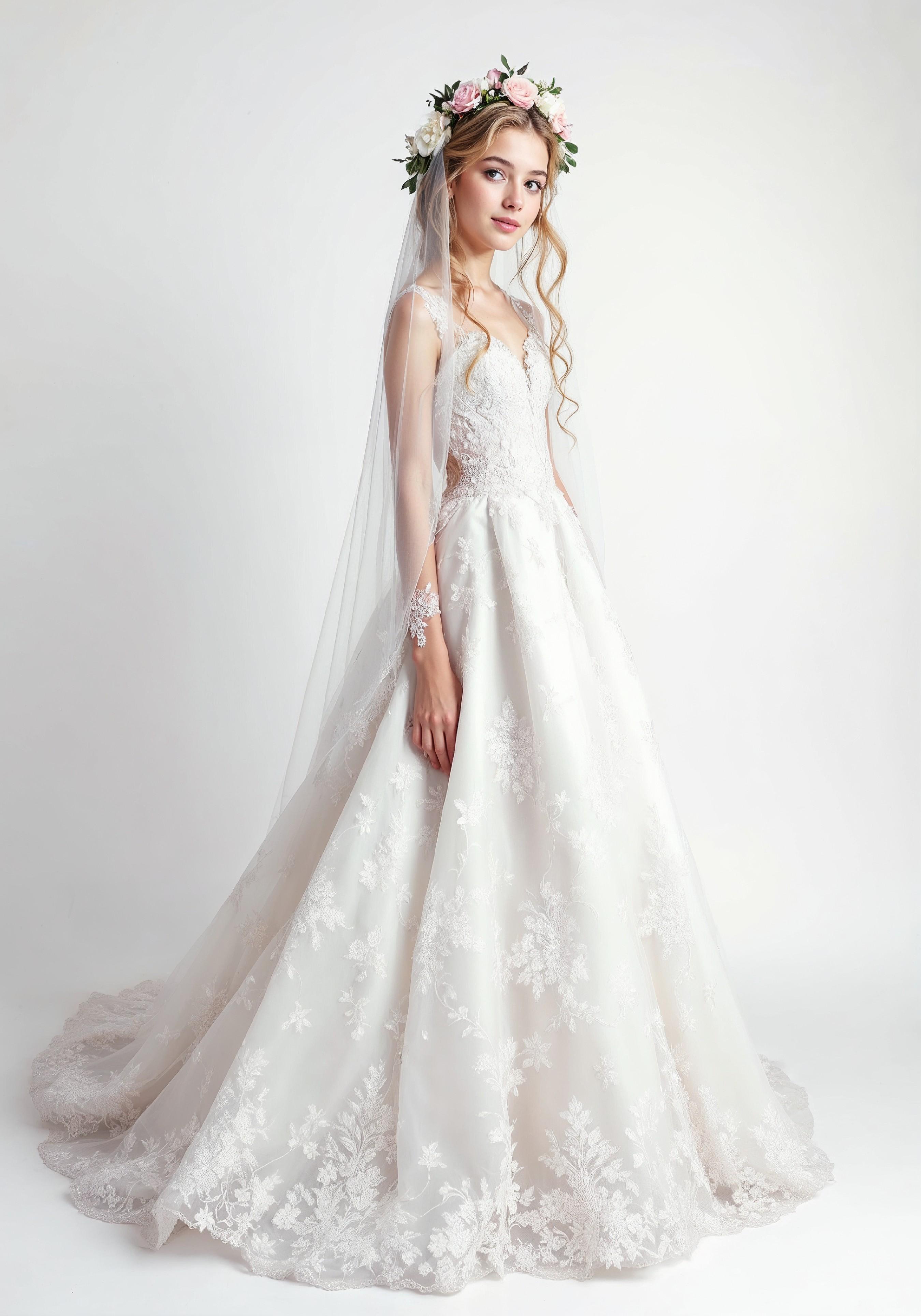 Elegant Young Bride in White Wedding Gown Posing in Studio on Light Background