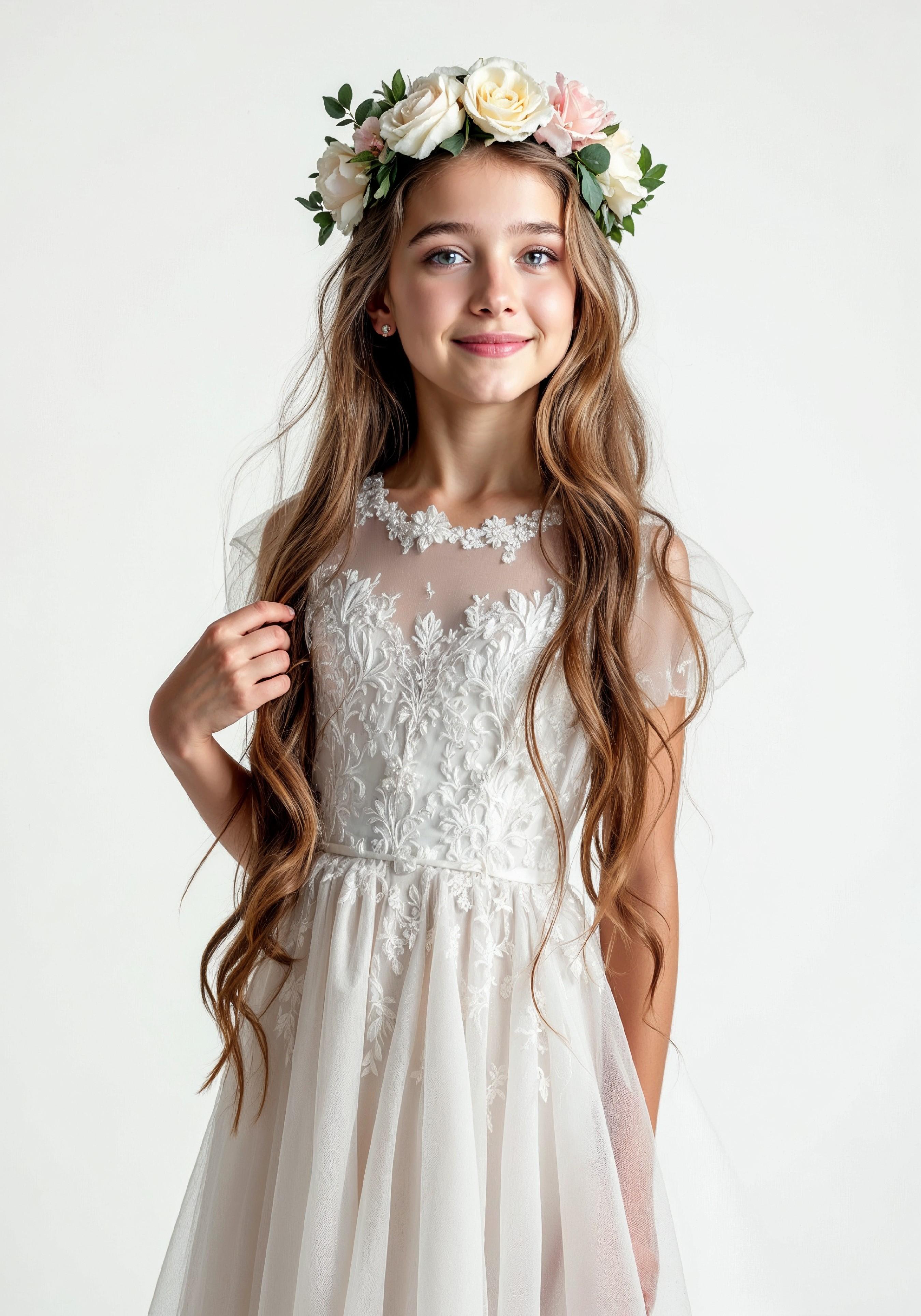 Elegant Young Bride in White Wedding Gown Posing in Studio on Light Background