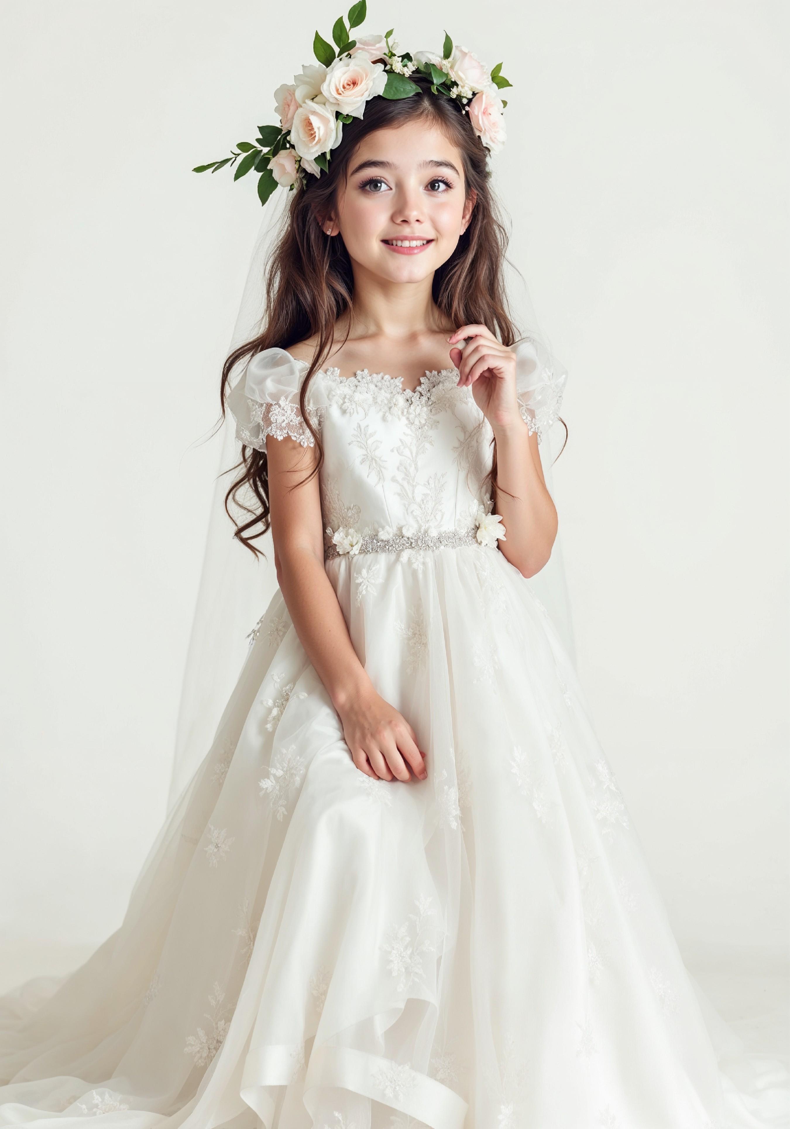 Elegant Young Bride in White Wedding Gown Posing in Studio on Light Background