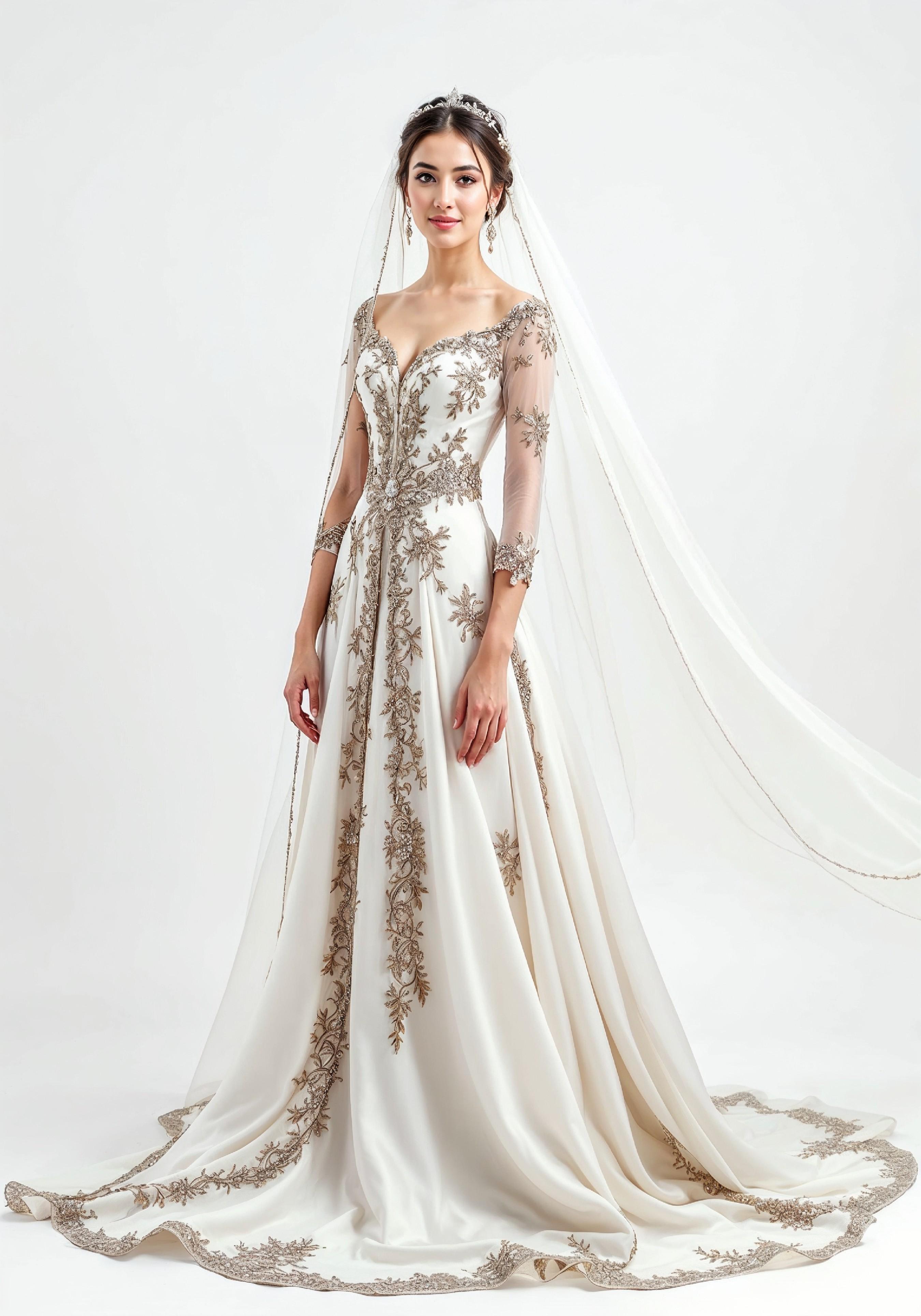 Elegant Young Bride in White Wedding Gown Posing in Studio on Light Background