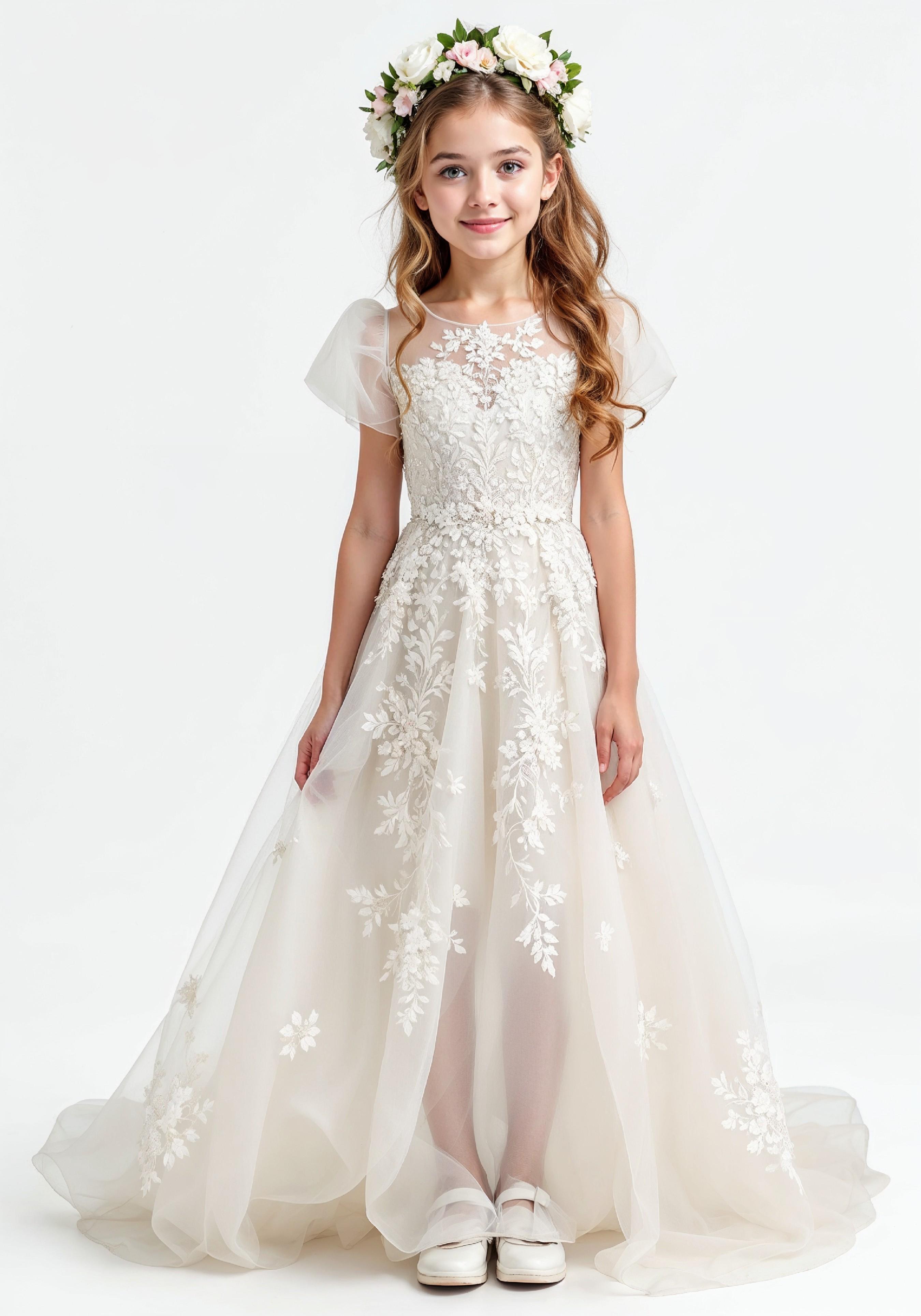 Elegant Young Bride in White Wedding Gown Posing in Studio on Light Background