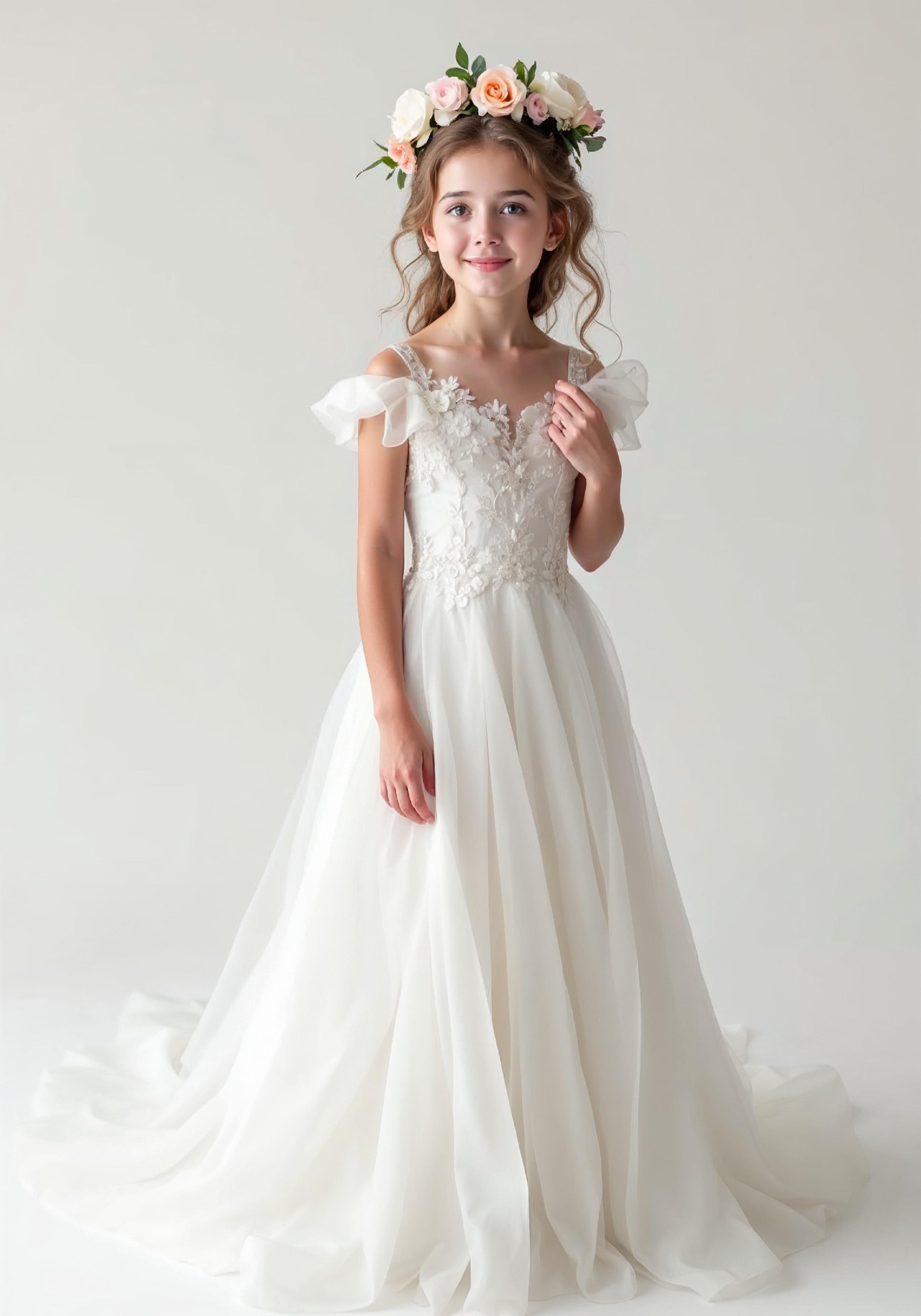 Elegant Young Bride in White Wedding Gown Posing in Studio on Light Background