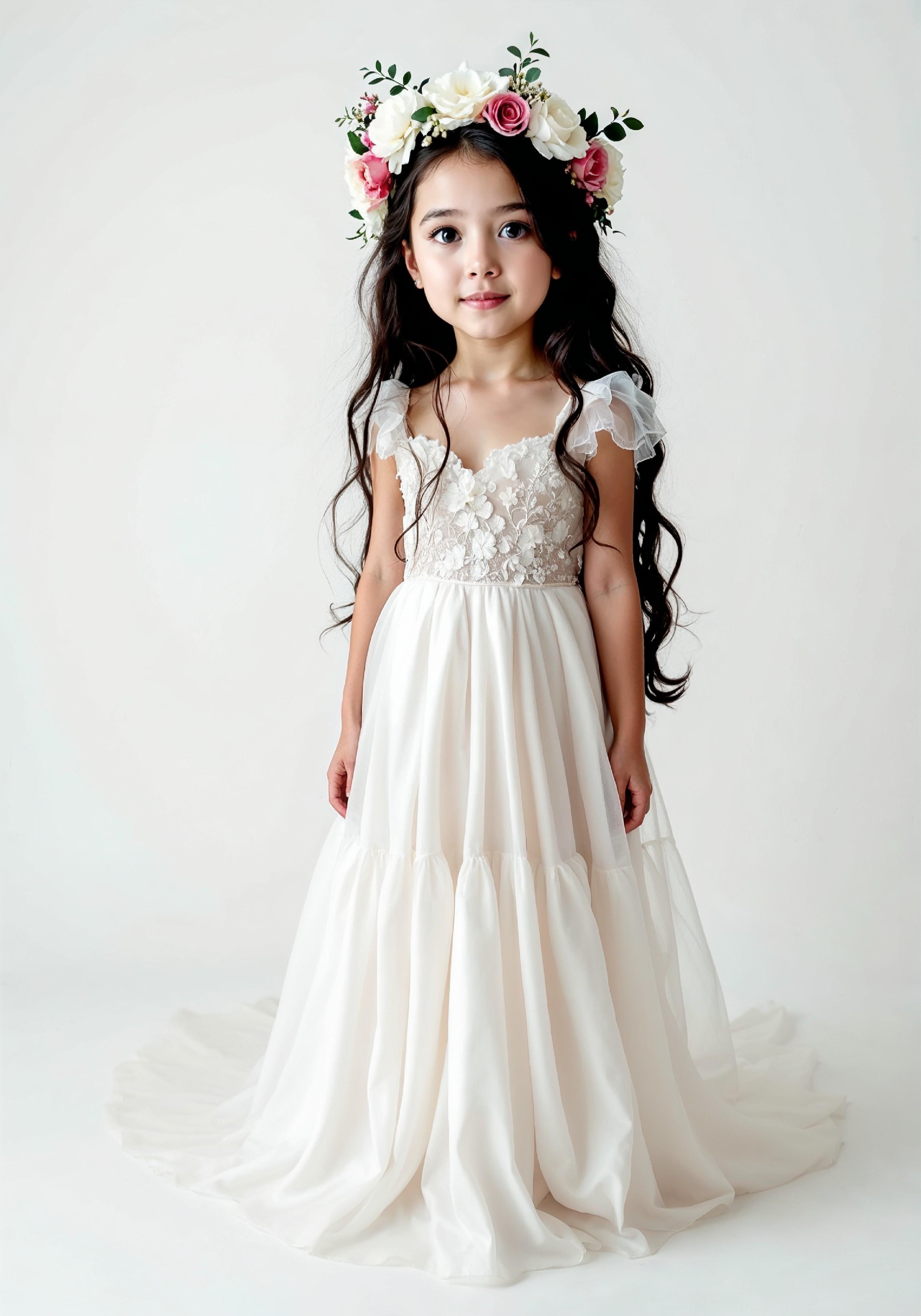 Elegant Young Bride in White Wedding Gown Posing in Studio on Light Background