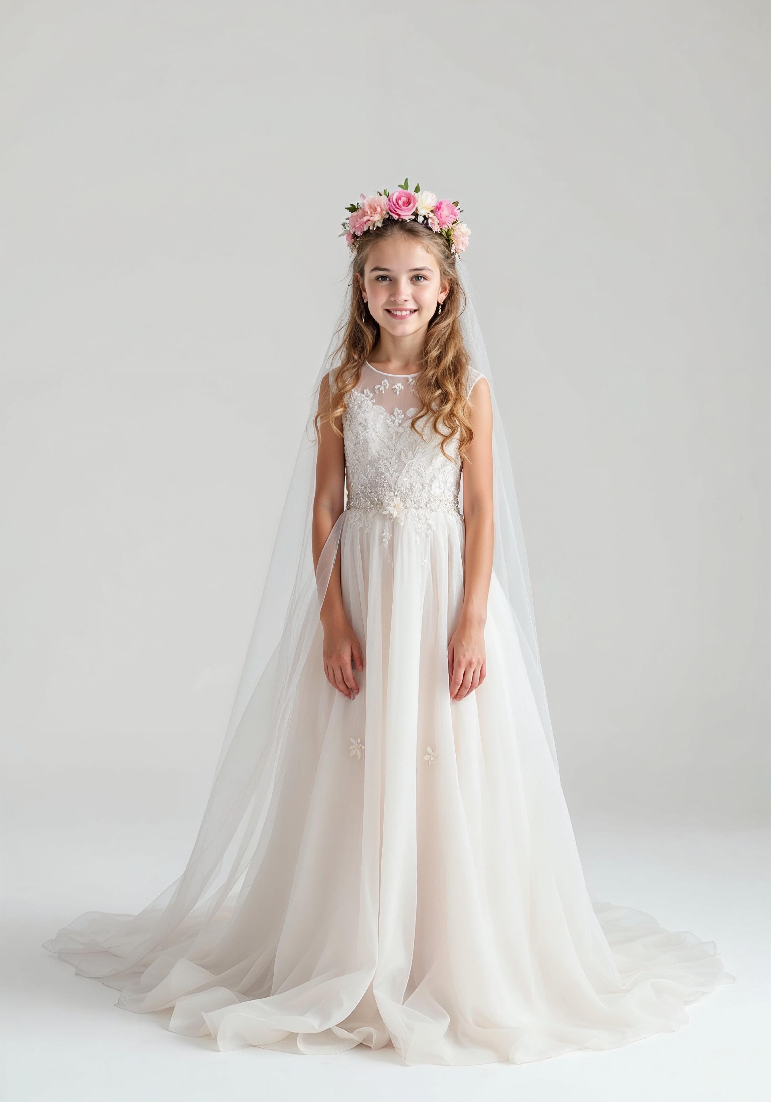 Elegant Young Bride in White Wedding Gown Posing in Studio on Light Background