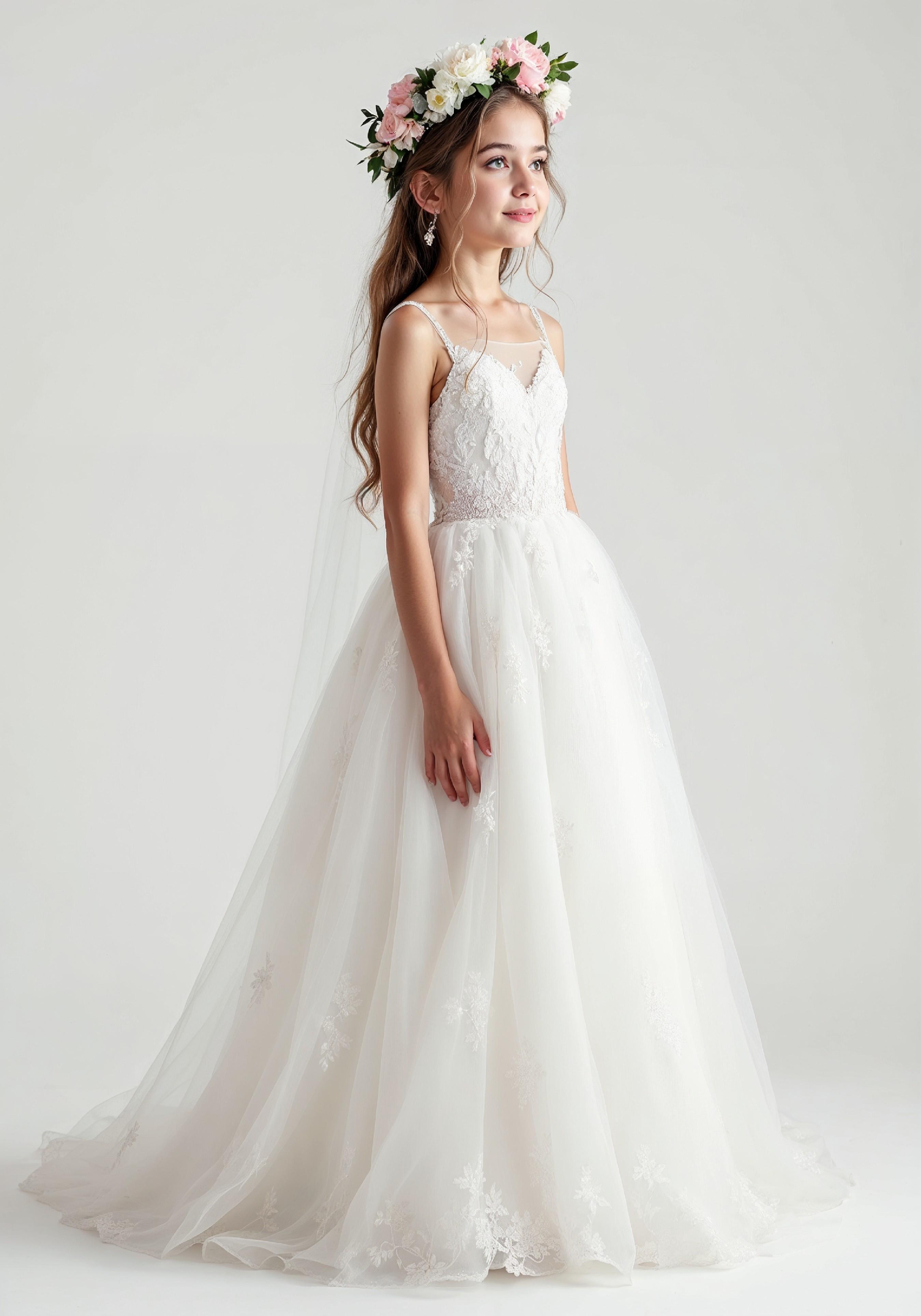 Elegant Young Bride in White Wedding Gown Posing in Studio on Light Background