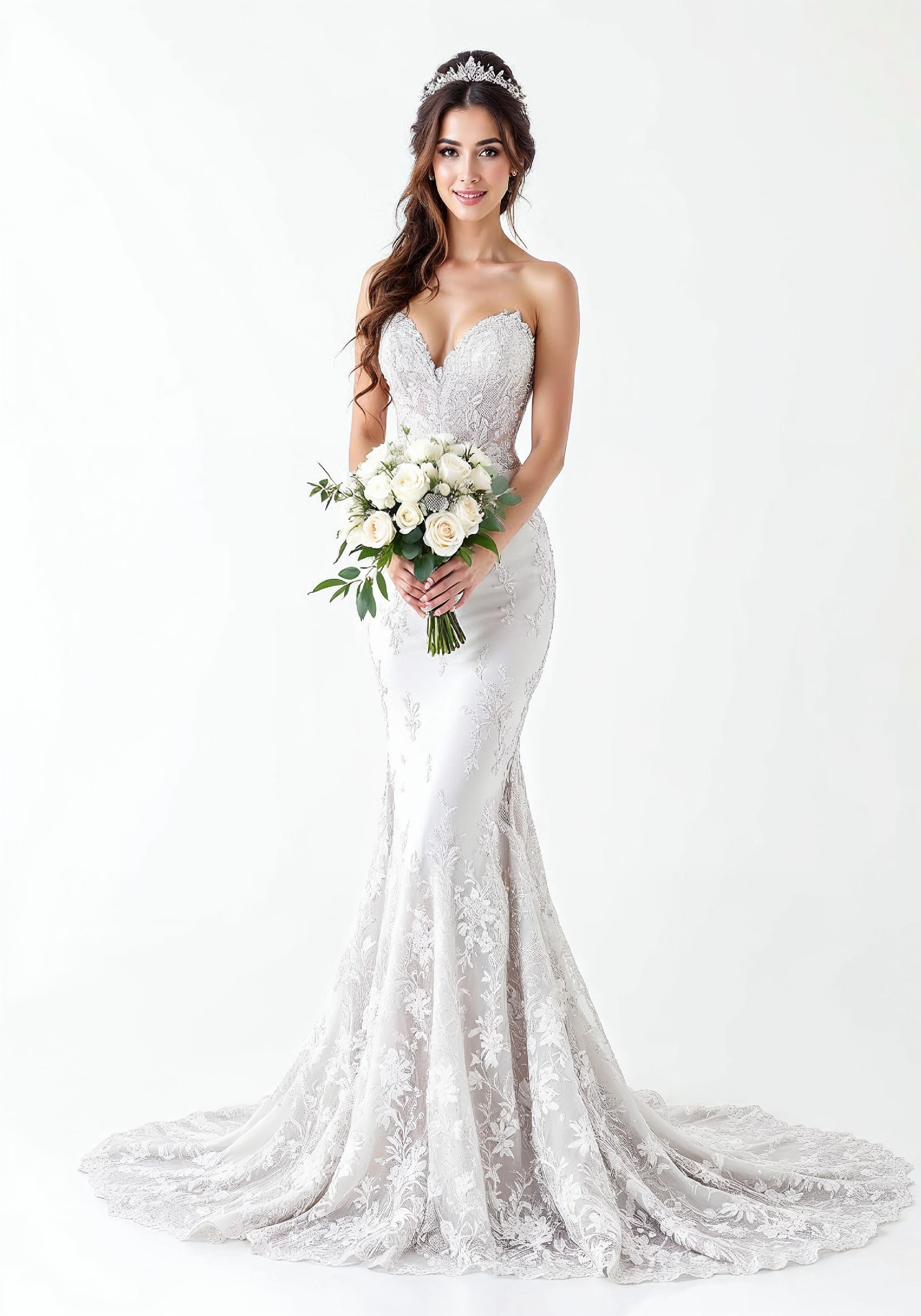Elegant Young Bride in White Wedding Gown Posing in Studio on Light Background