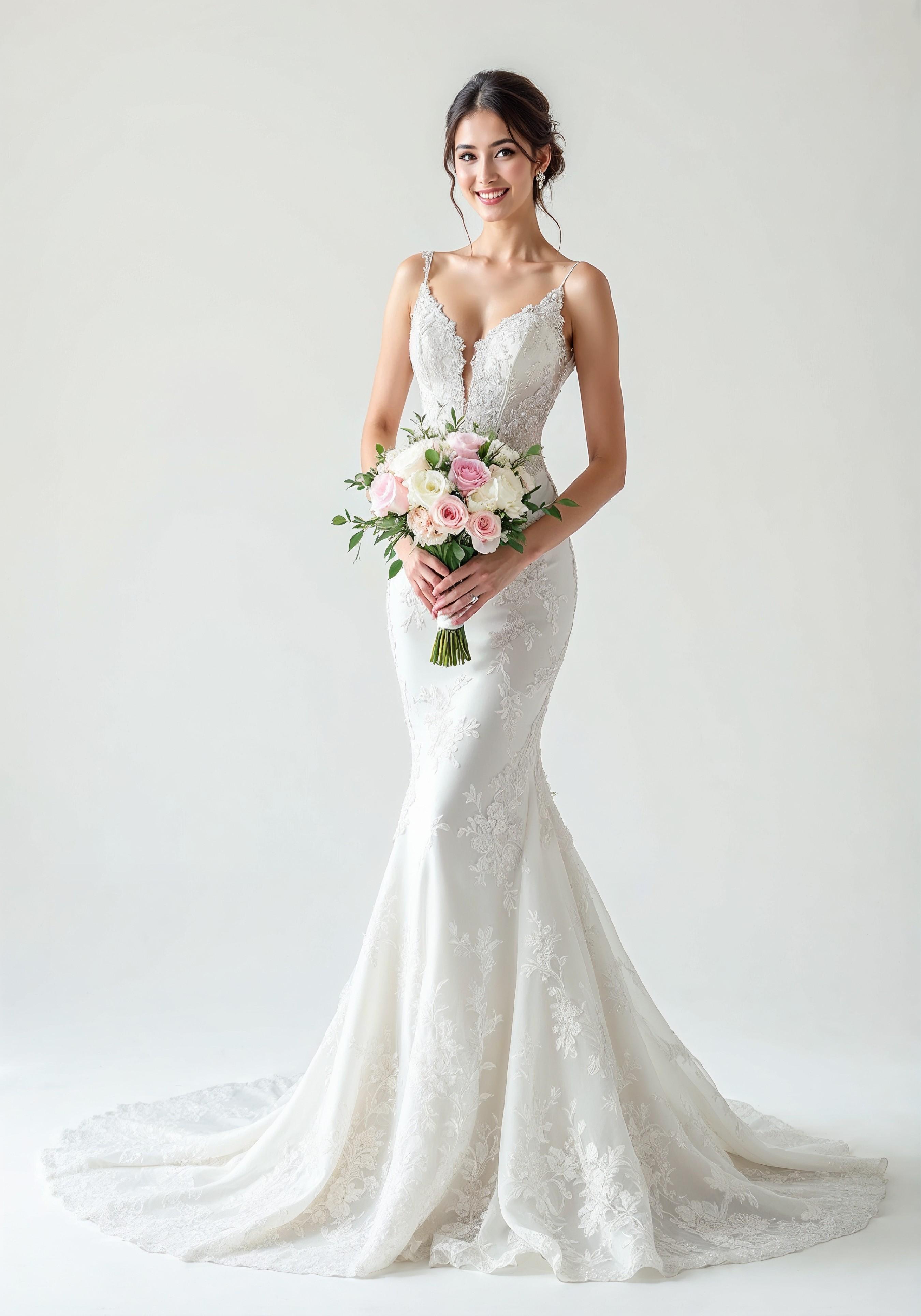 Elegant Young Bride in White Wedding Gown Posing in Studio on Light Background