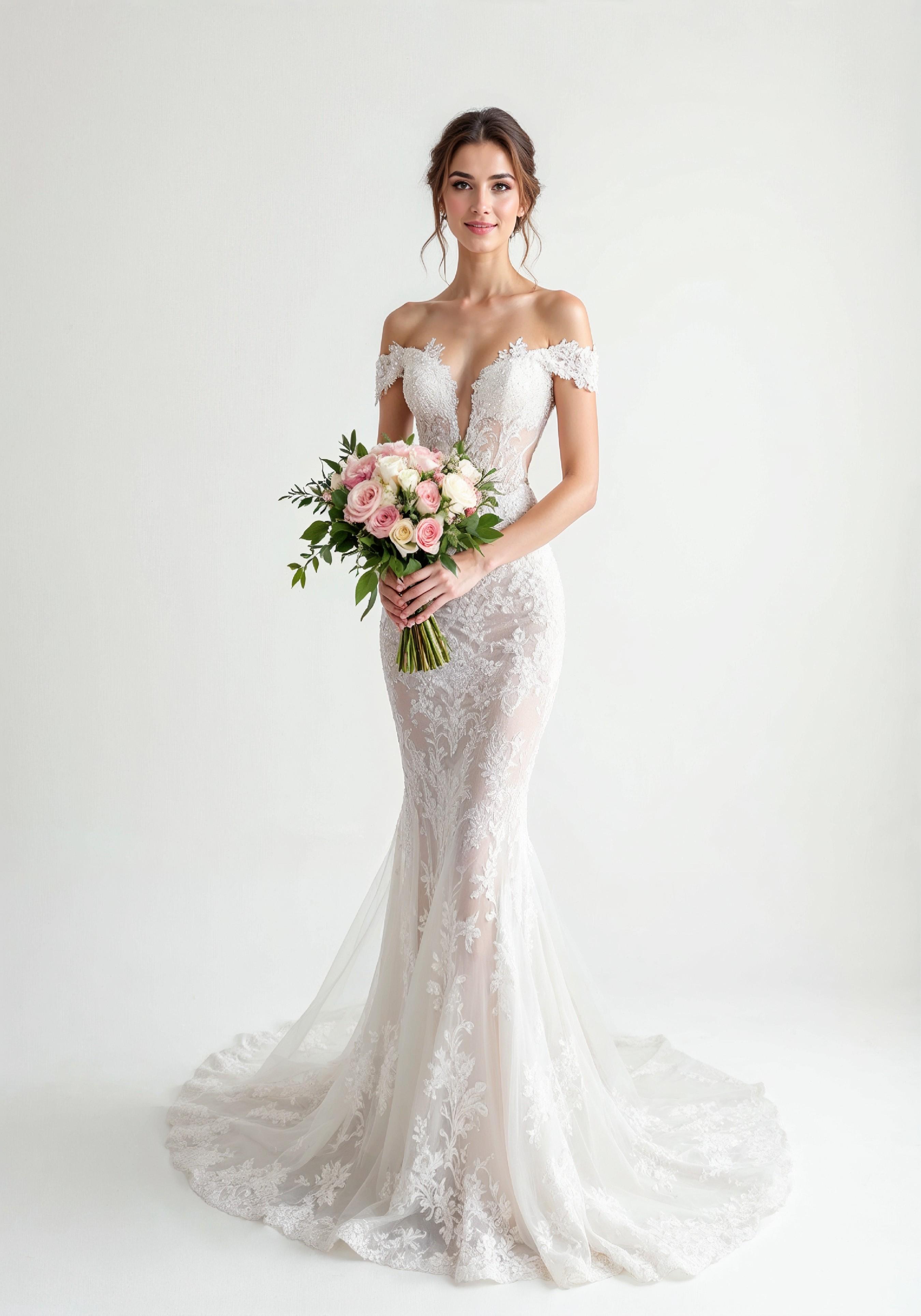 Elegant Young Bride in White Wedding Gown Posing in Studio on Light Background