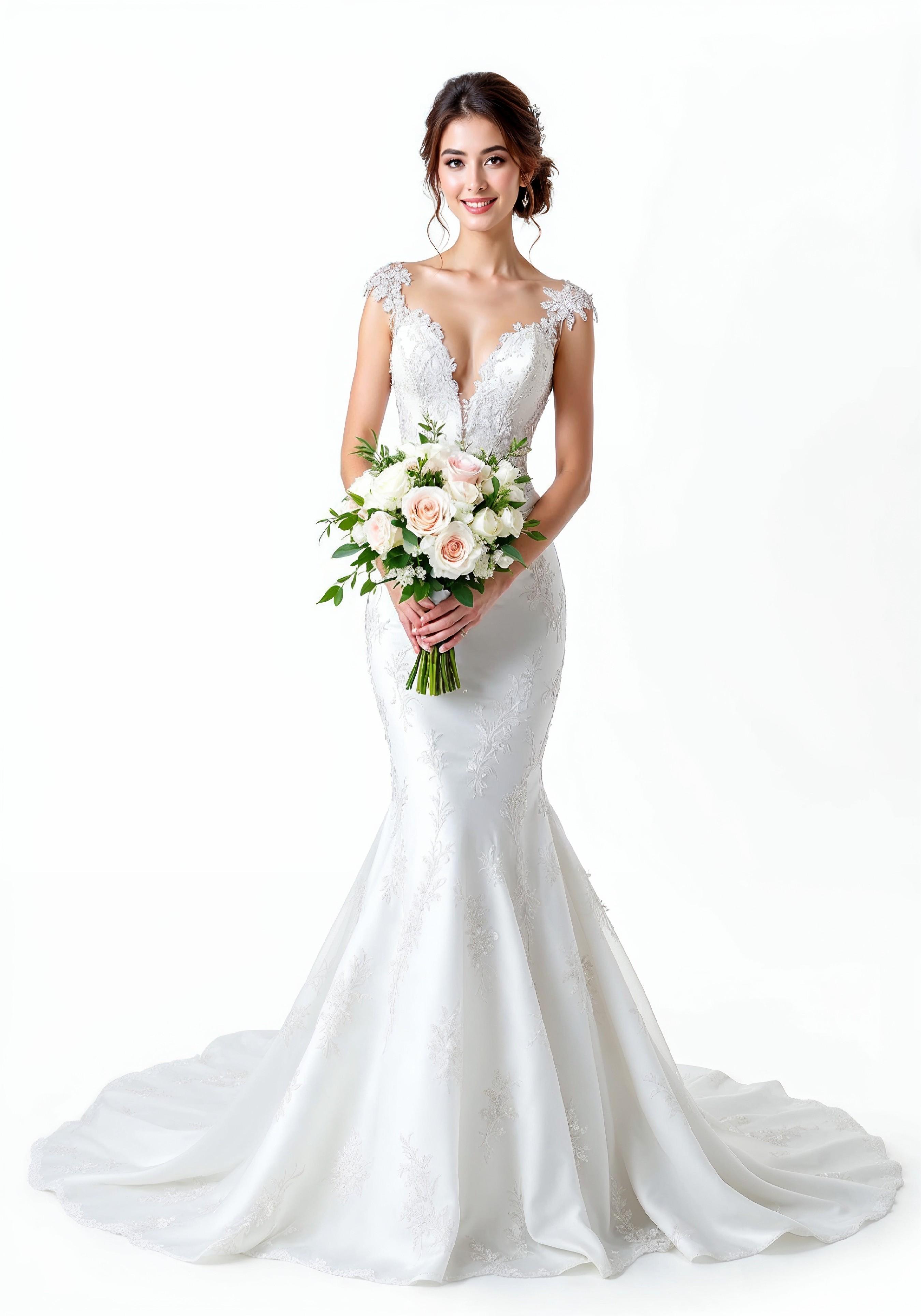 Elegant Young Bride in White Wedding Gown Posing in Studio on Light Background