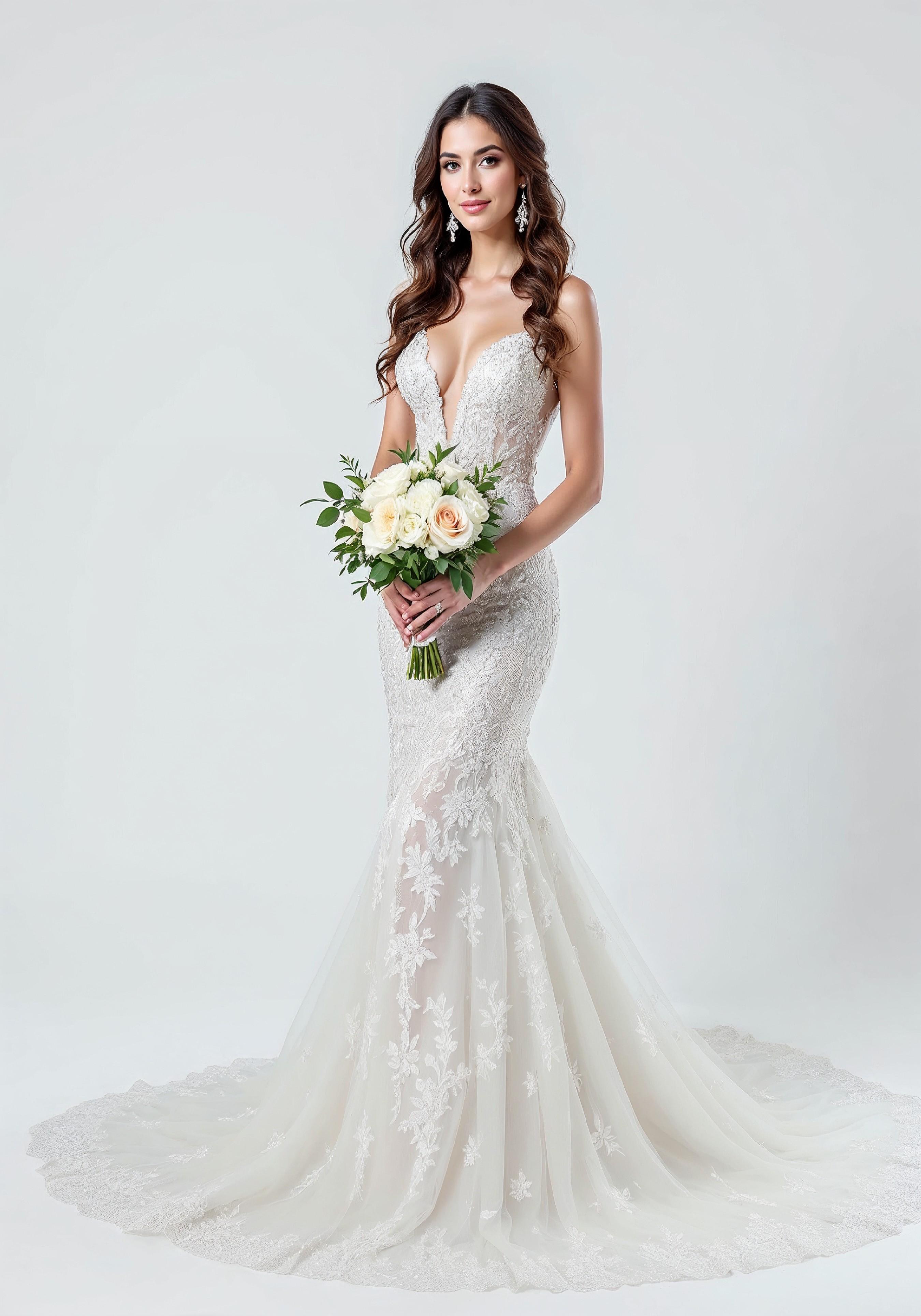 Elegant Young Bride in White Wedding Gown Posing in Studio on Light Background