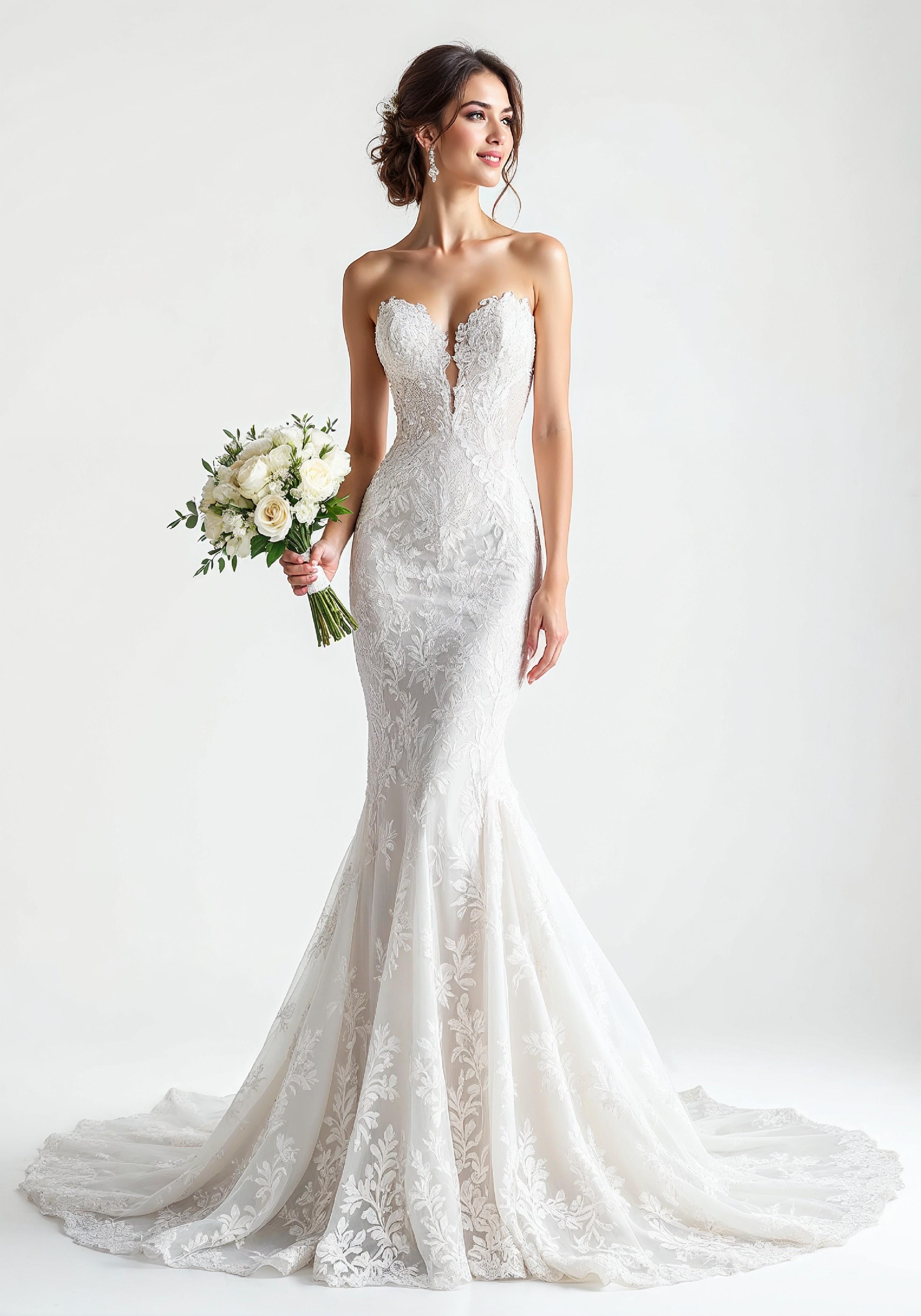 Elegant Young Bride in White Wedding Gown Posing in Studio on Light Background